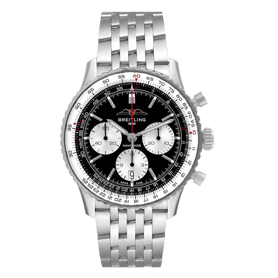 Breitling Navitimer B01 Schwarzes Zifferblatt Stahl Herrenuhr AB0138 Box Card. Automatisches, offiziell zertifiziertes Chronometerwerk mit Selbstaufzug. Chronographen-Funktion. Gehäuse aus Edelstahl mit einem Durchmesser von 43 mm. Gehäusedicke