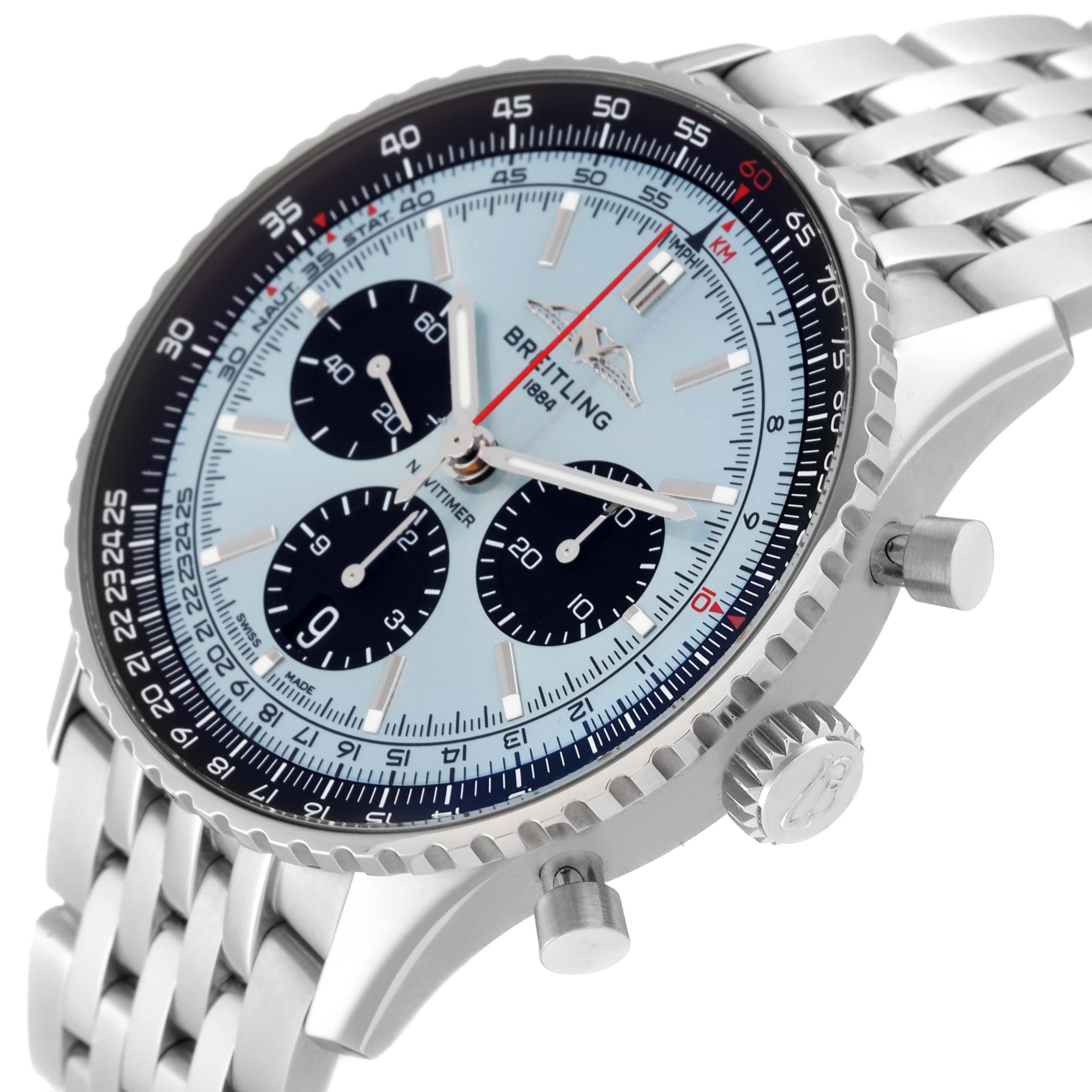 Breitling Navitimer B01 Blue Dial Steel Mens Watch AB0138 Box Card. Self-winding automatic officially certified chronometer movement. Chronograph function. Stainless steel case 43 mm in diameter. Case thickness 13.6 mm. Exhibition transparent