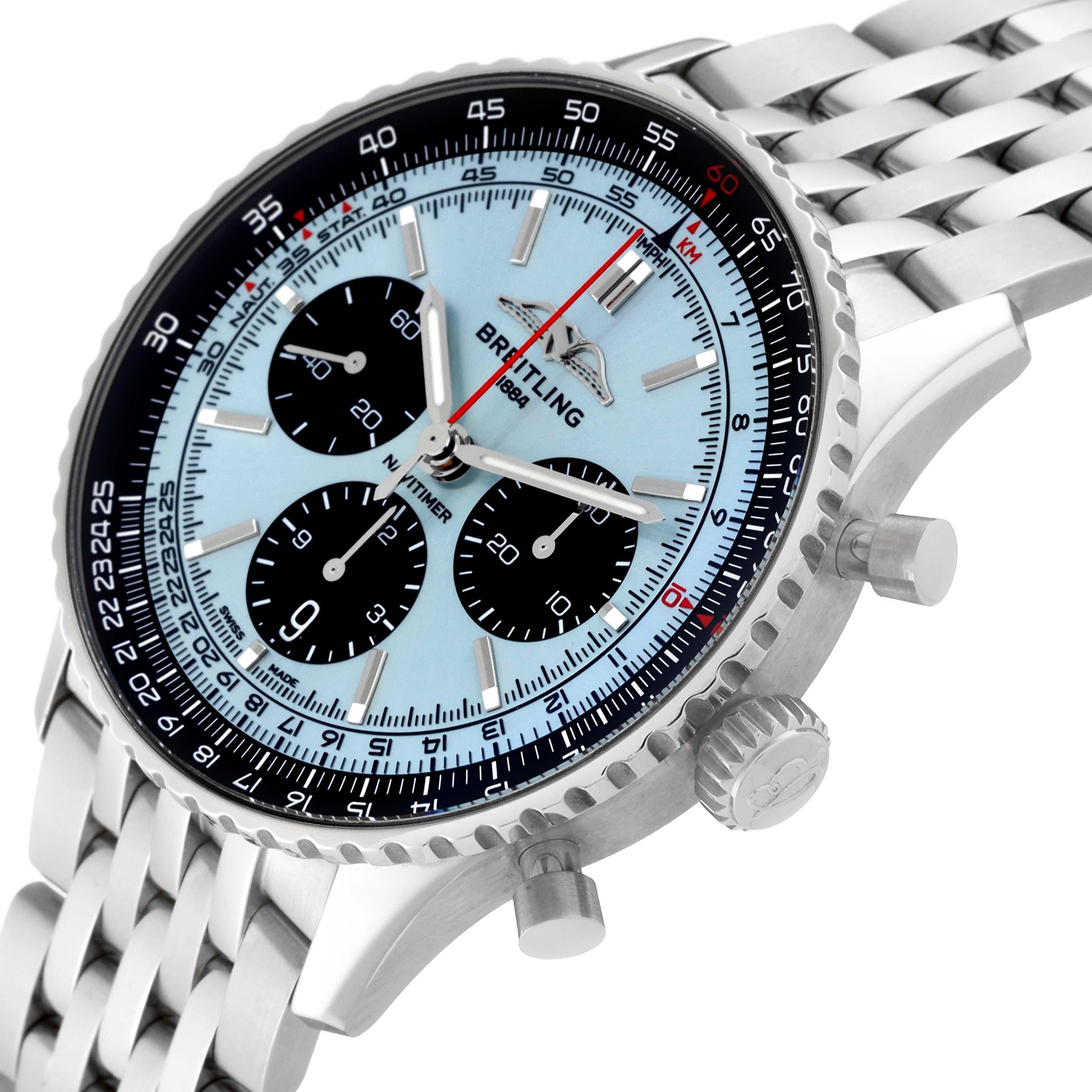 Breitling Navitimer B01 Blue Dial Steel Mens Watch AB0138 Box Card In Excellent Condition For Sale In Atlanta, GA