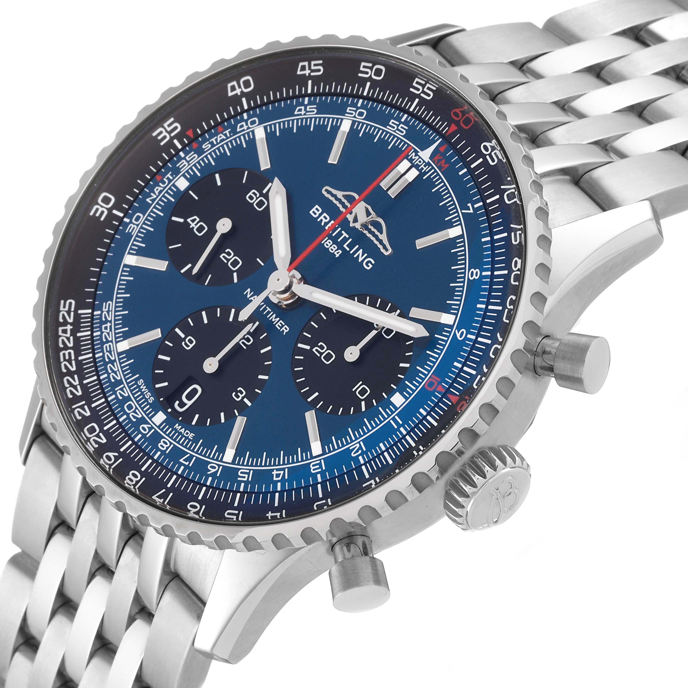 Breitling Navitimer B01 Chronograph 41 Blue Dial Steel Mens Watch AB0139 Unworn. Self-winding automatic officially certified chronometer movement. Chronograph function. Stainless steel case 41 mm in diameter. Case thickness 13.6 mm. Transparent