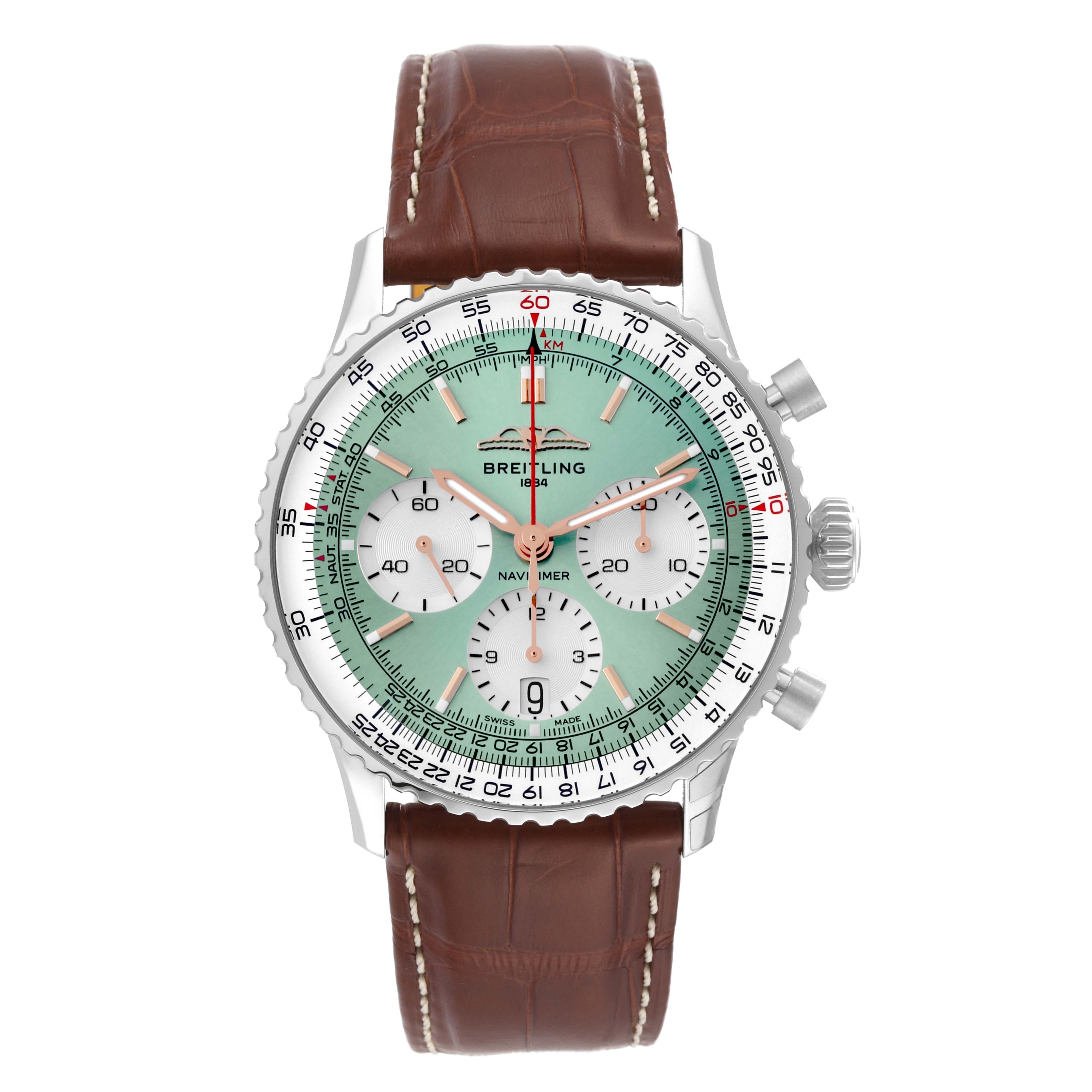 Breitling Navitimer B01 Chronograph 41 Green Dial Steel Mens Watch AB0139. Self-winding automatic officially certified chronometer movement. Chronograph function. Stainless steel case 41 mm in diameter. Case thickness 13.6 mm. Transparent exhibition
