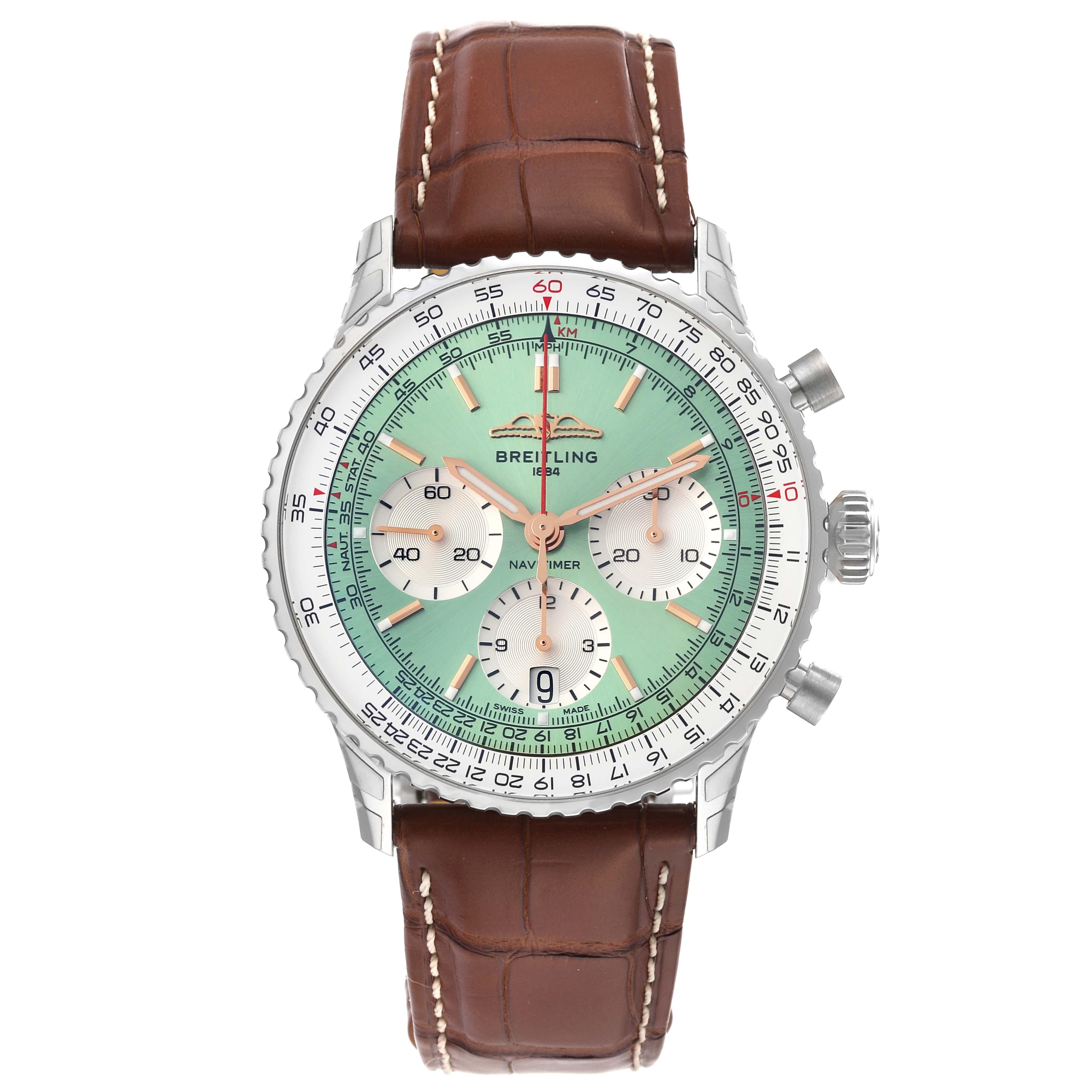Breitling Navitimer B01 Chronograph 41 Green Dial Steel Mens Watch AB0139 Unworn. Self-winding automatic officially certified chronometer movement. Chronograph function. Stainless steel case 41 mm in diameter. Case thickness 13.6 mm. Transparent