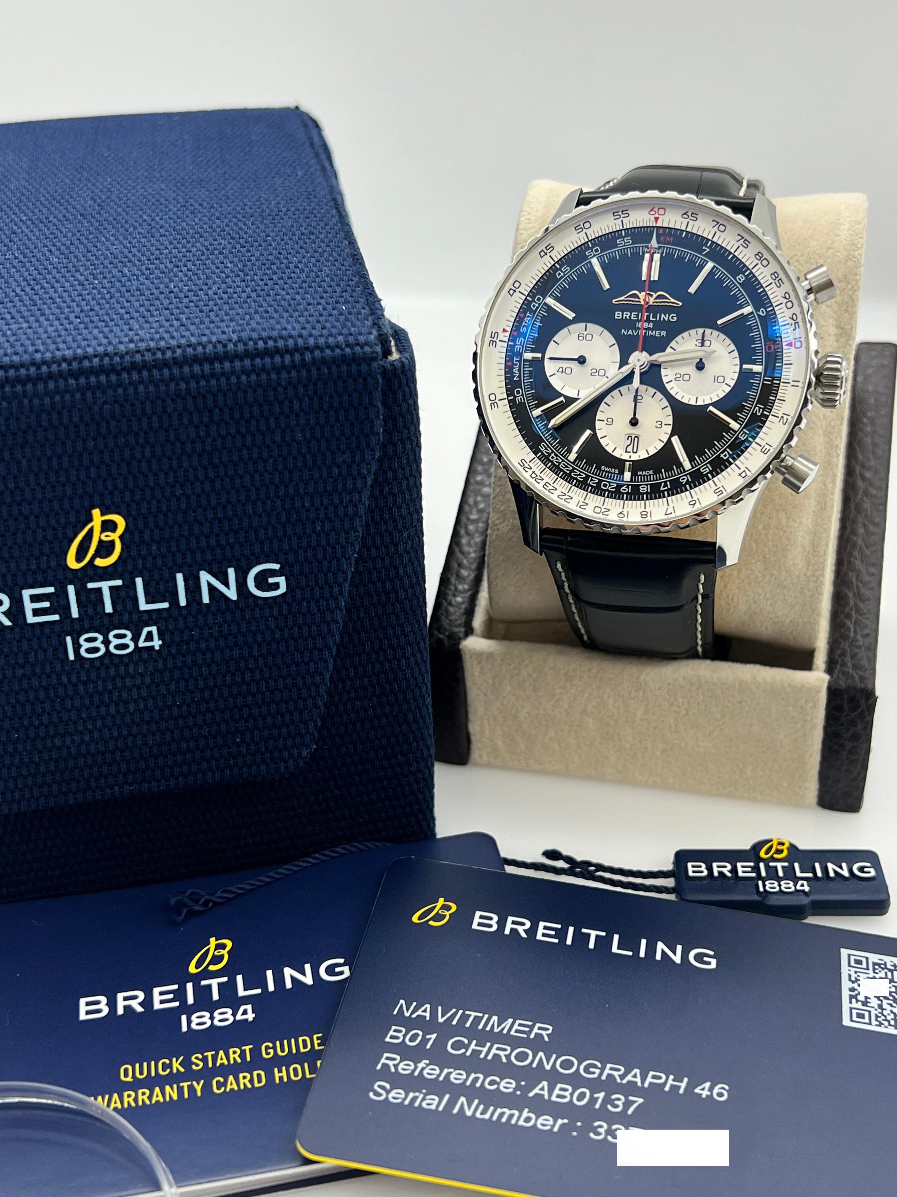 Stil Nummer: AB0137
Jahr: 2022 
Modell: Breitling Navitimer
MATERIAL des Gehäuses: Rostfreier Stahl
Band: Leder
Lünette:  Rostfreier Stahl 
Zifferblatt: Schwarz
Gesicht: Saphirglas 
Gehäusegröße: 46mm 
Enthält: 
-Breitling Box &