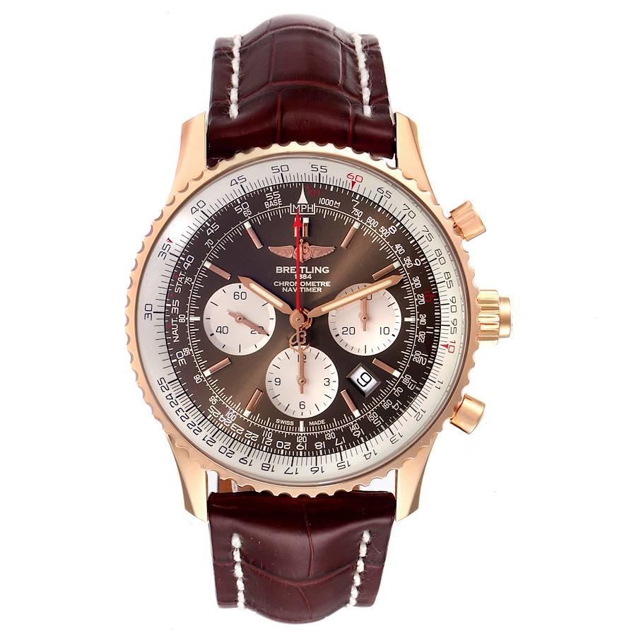 Breitling Navitimer B03 Rose Gold Ratrapante LE Mens Watch RB0311 Unworn. Automatic self-winding officially certified chronometer movement. Ratrapante Split-Seconds Chronograph Feature. 18K rose gold case 45.0 mm in diameter. 18K rose gold push-down