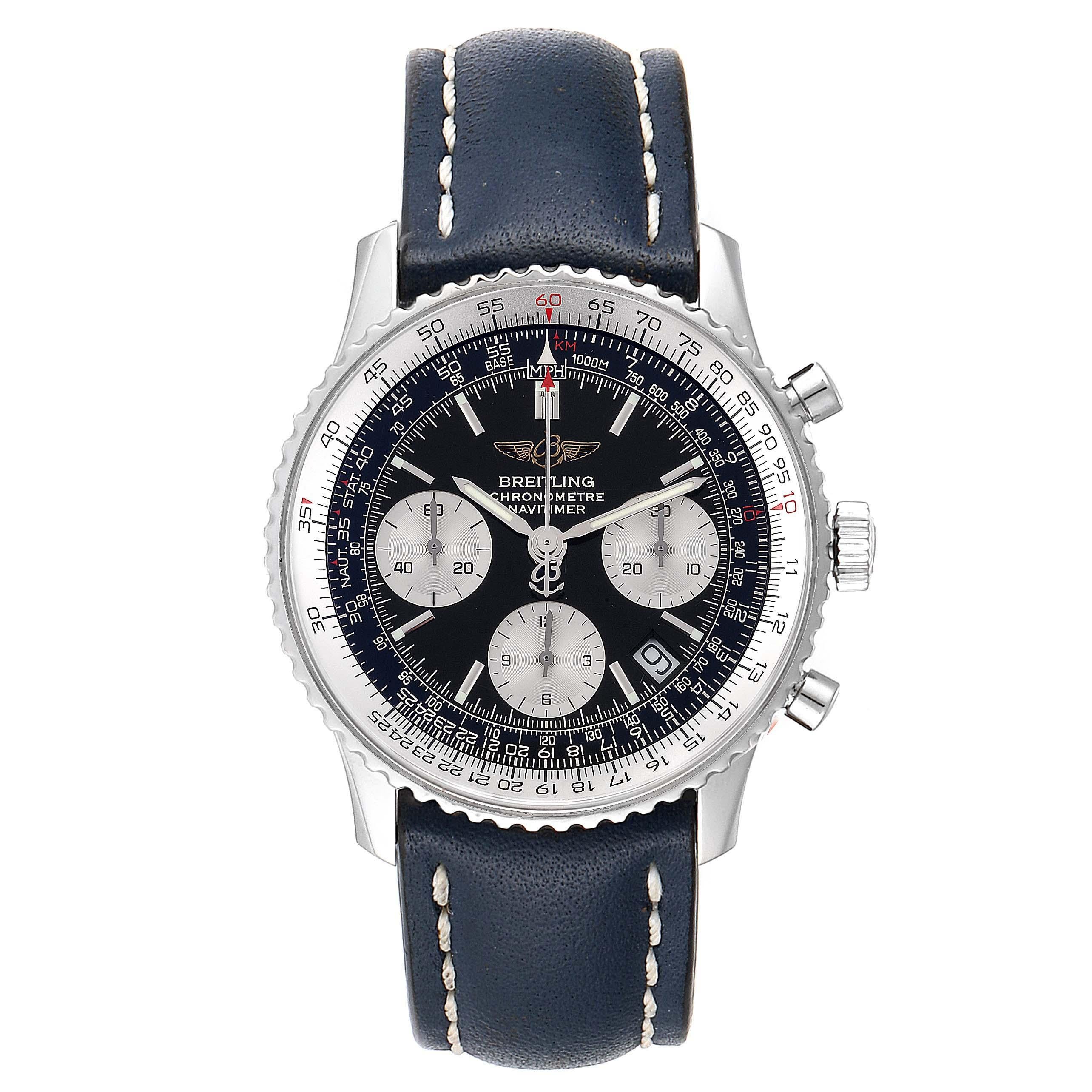 Breitling Navitimer Black Dial Chronograph Mens Watch A23322 Box Papers. Automatic self-winding officially certified chronometer movement. Chronograph function. Rhodium-plated, 25 jewels, straight-line lever escapement, monometallic balance adjusted