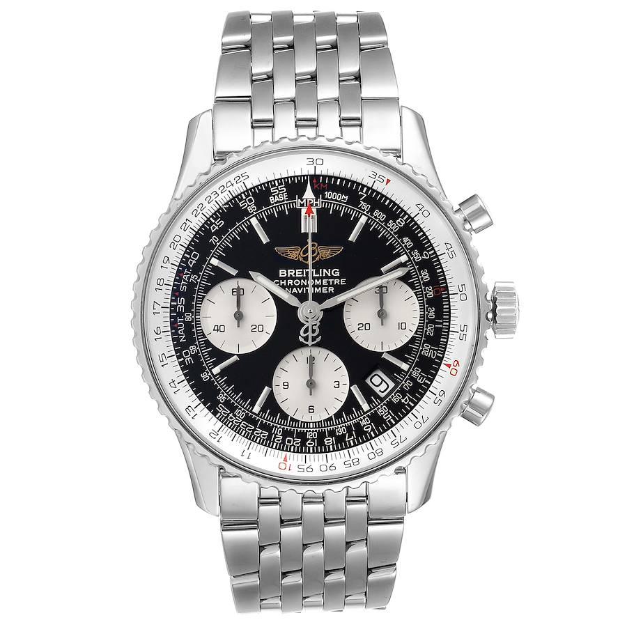 Breitling Navitimer Black Dial Chronograph Steel Mens Watch A23322 Box Papers. Automatic self-winding officially certified chronometer movement. Chronograph function. Rhodium-plated, 25 jewels, straight-line lever escapement, monometallic balance