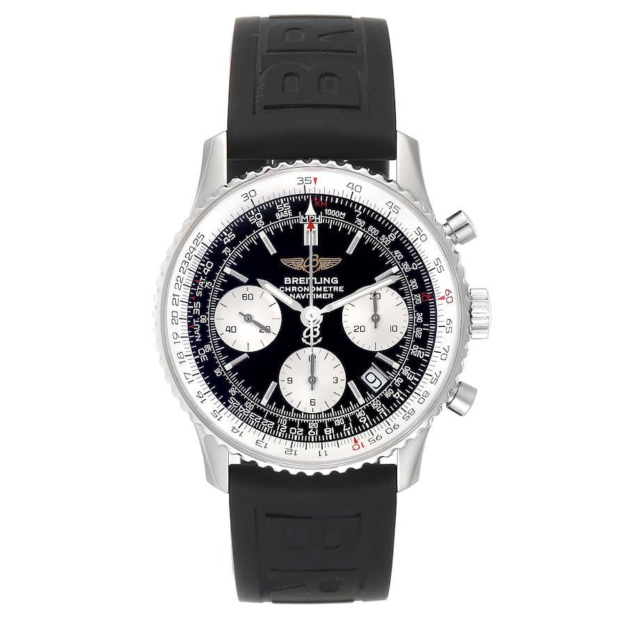 Breitling Navitimer Black Dial Chronograph Steel Mens Watch A23322. Automatic self-winding officially certified chronometer movement. Chronograph function. Rhodium-plated, 25 jewels, straight-line lever escapement, monometallic balance adjusted to 5