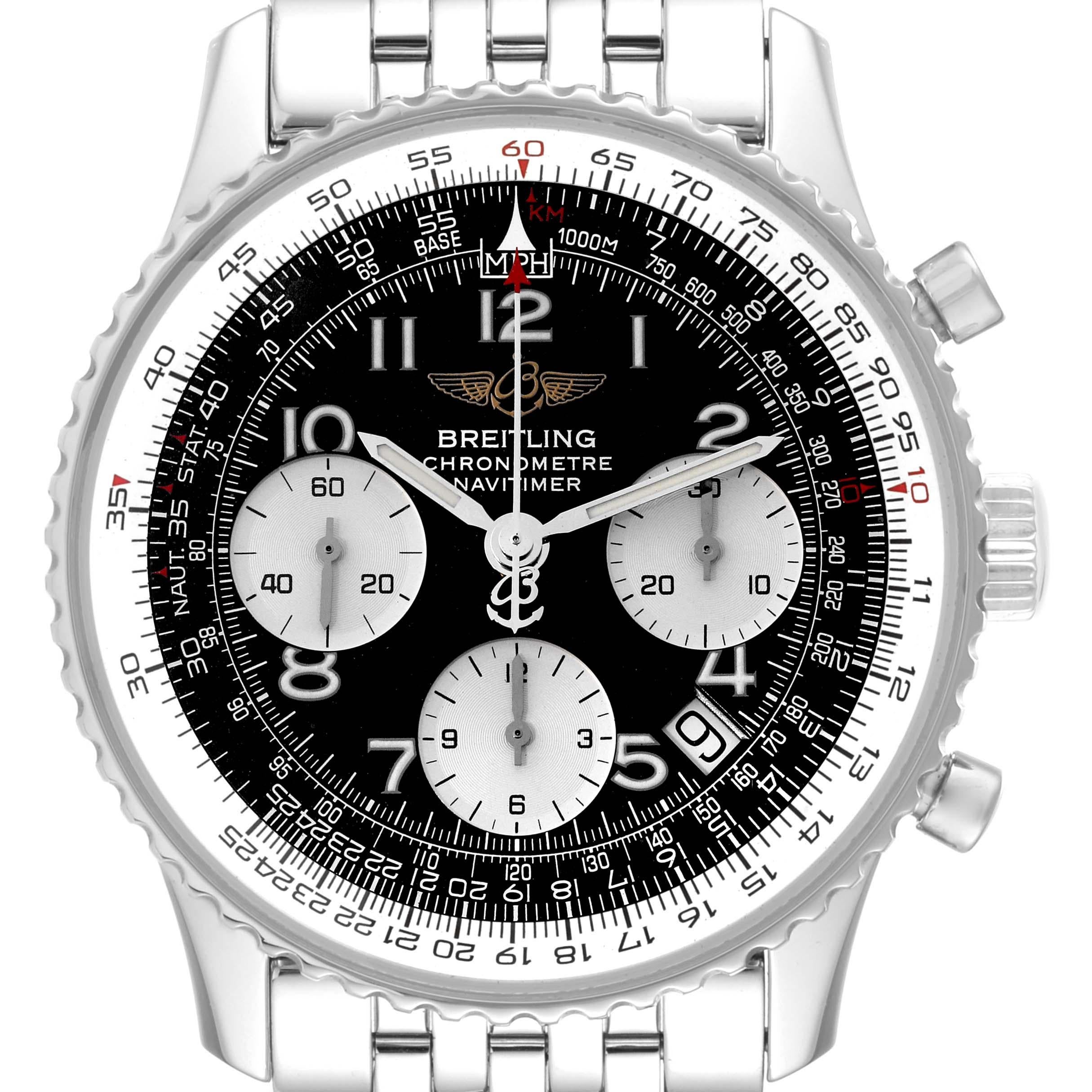 Breitling Navitimer Black Dial Chronograph Steel Mens Watch A23322. Automatic self-winding officially certified chronometer movement. Chronograph function. Rhodium-plated, 25 jewels, straight-line lever escapement, monometallic balance adjusted to 5