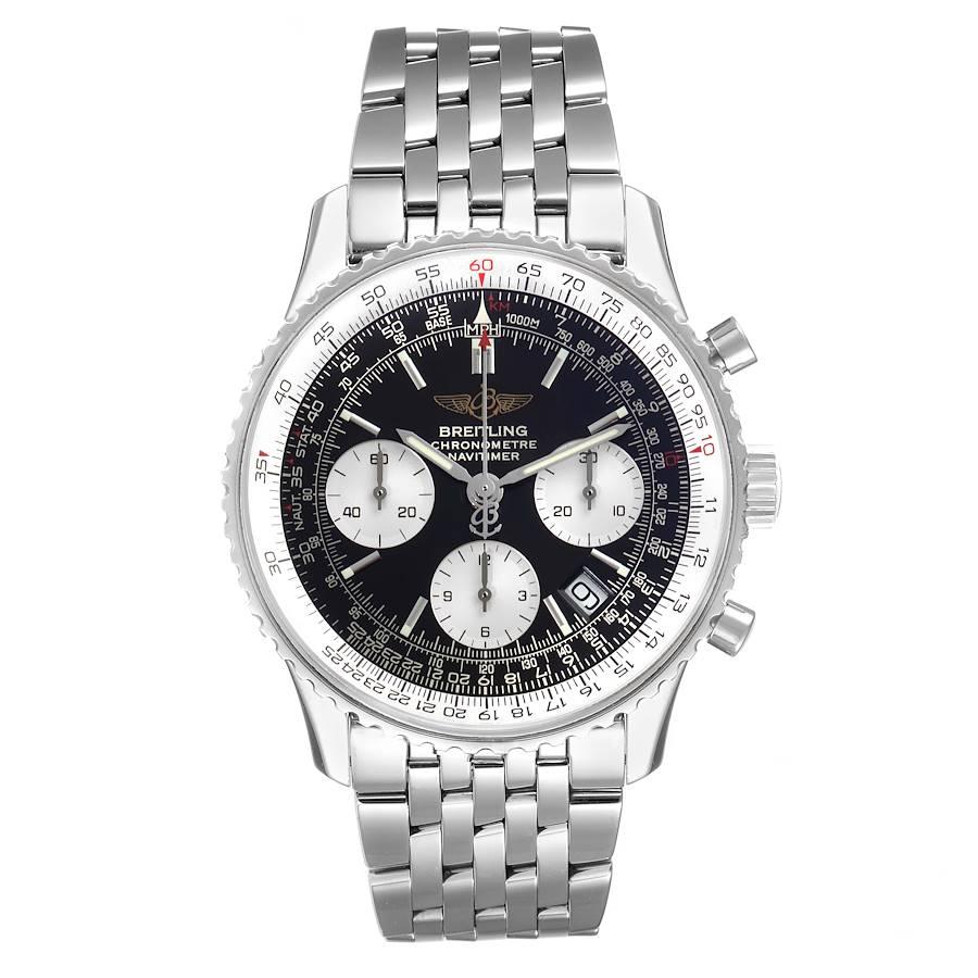 Breitling Navitimer Black Dial Chronograph Steel Mens Watch A23322 Papers. Automatic self-winding officially certified chronometer movement. Chronograph function. Rhodium-plated, 25 jewels, straight-line lever escapement, monometallic balance