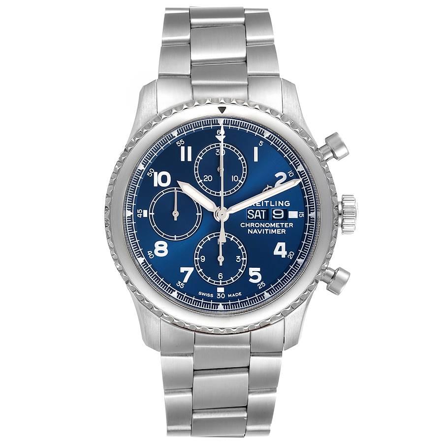 Breitling Navitimer Blue Dial Chronograph Steel Mens Watch A13314 Box Papers. Self-winding automatic officially certified chronometer movement. Chronograph function. Stainless steel case 43.0 mm in diameter. Exhibition transparent sapphire crystal