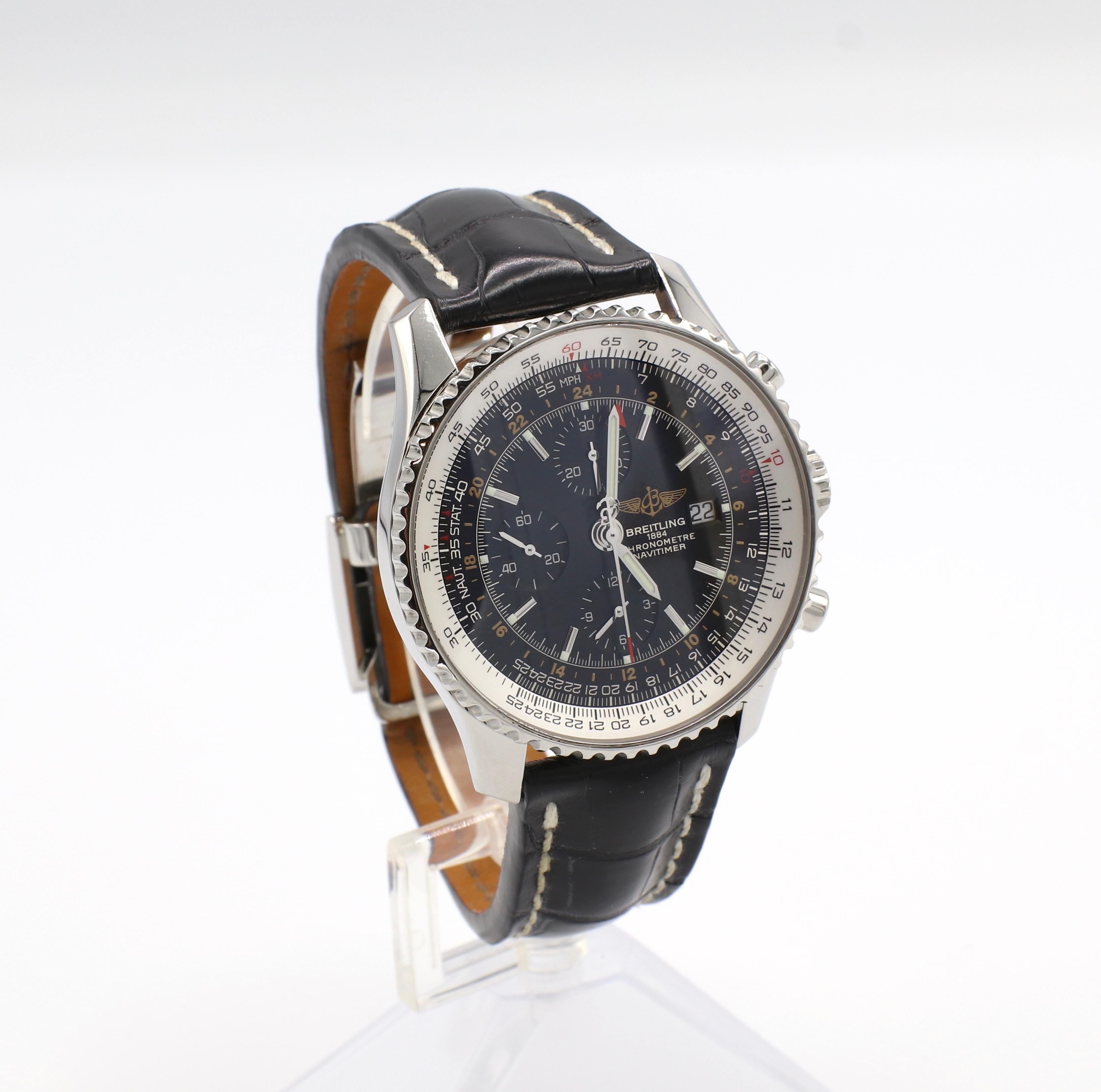 Breitling Navitimer Chronograph A24322 Black Dial Leather Strap Watch

Model: A24322
Dial: Black
Date: 3 o'clock
Case: Stainless steel
Band: Leather, outside, black crocodile, inside, camel color
Deployment: Folding stainless steel buckle
Movement: