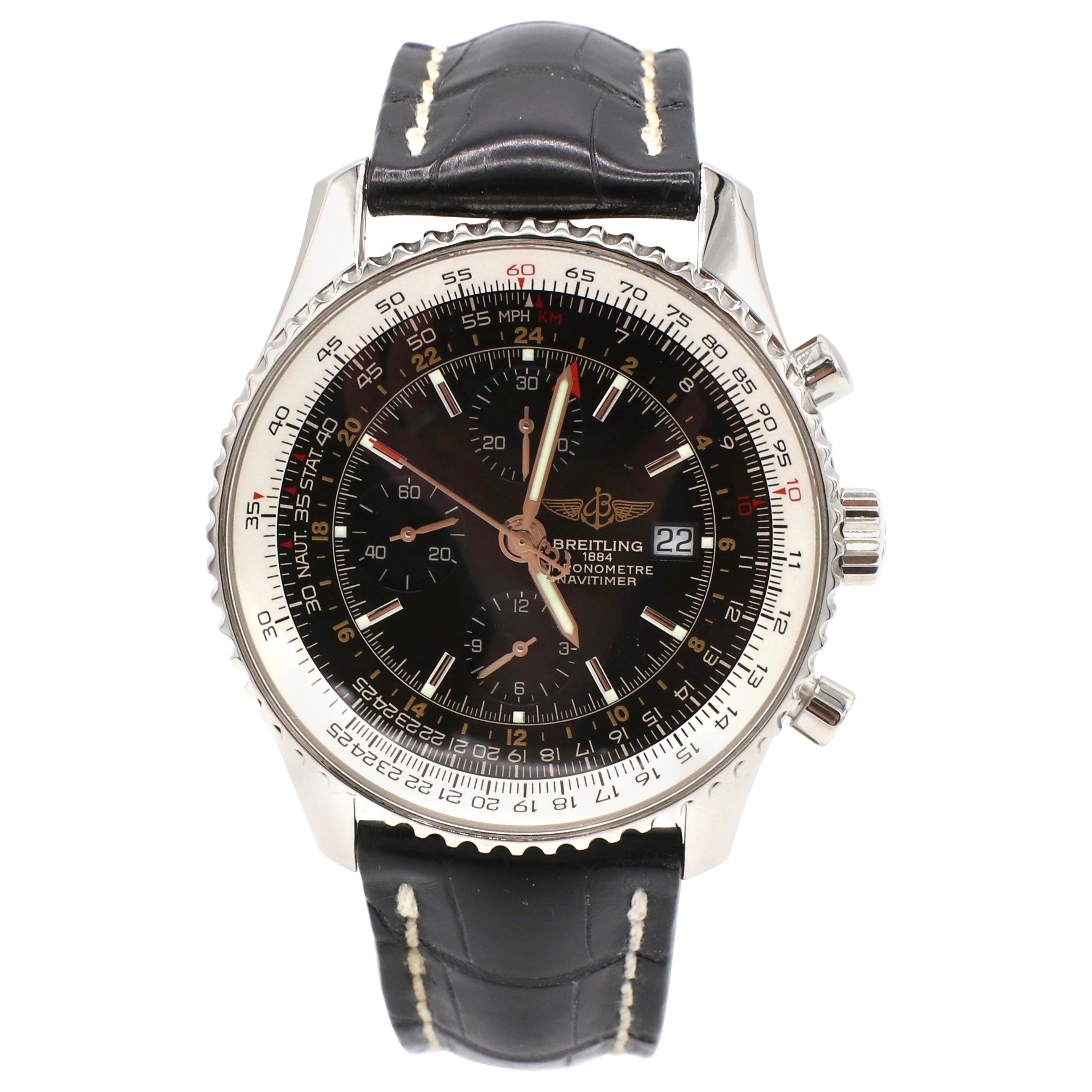 Breitling Navitimer Chronograph A24322 Black Dial Leather Strap Watch