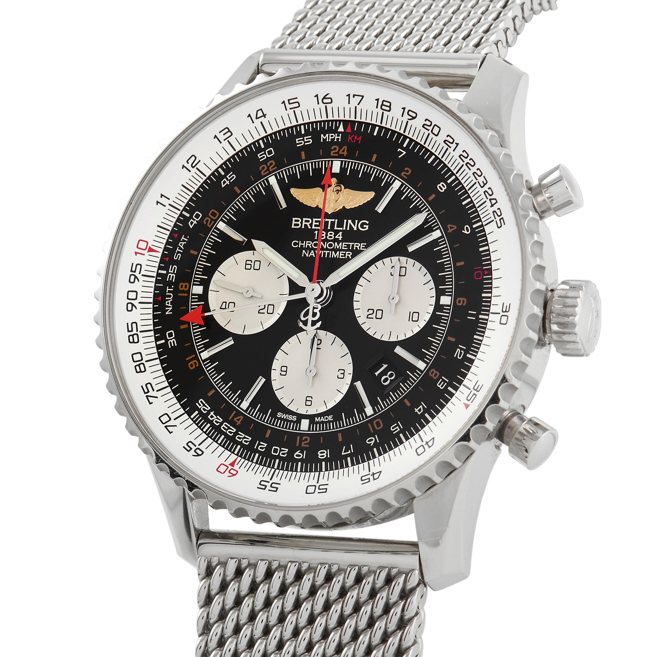The Breitling Navitimer B04 Chronograph GMT 48 Automatic Watch AB0441 is perfect for a traveler. This timepiece has an imposing case measuring 48mm in diameter in stainless steel. It features an exceptionally legible 