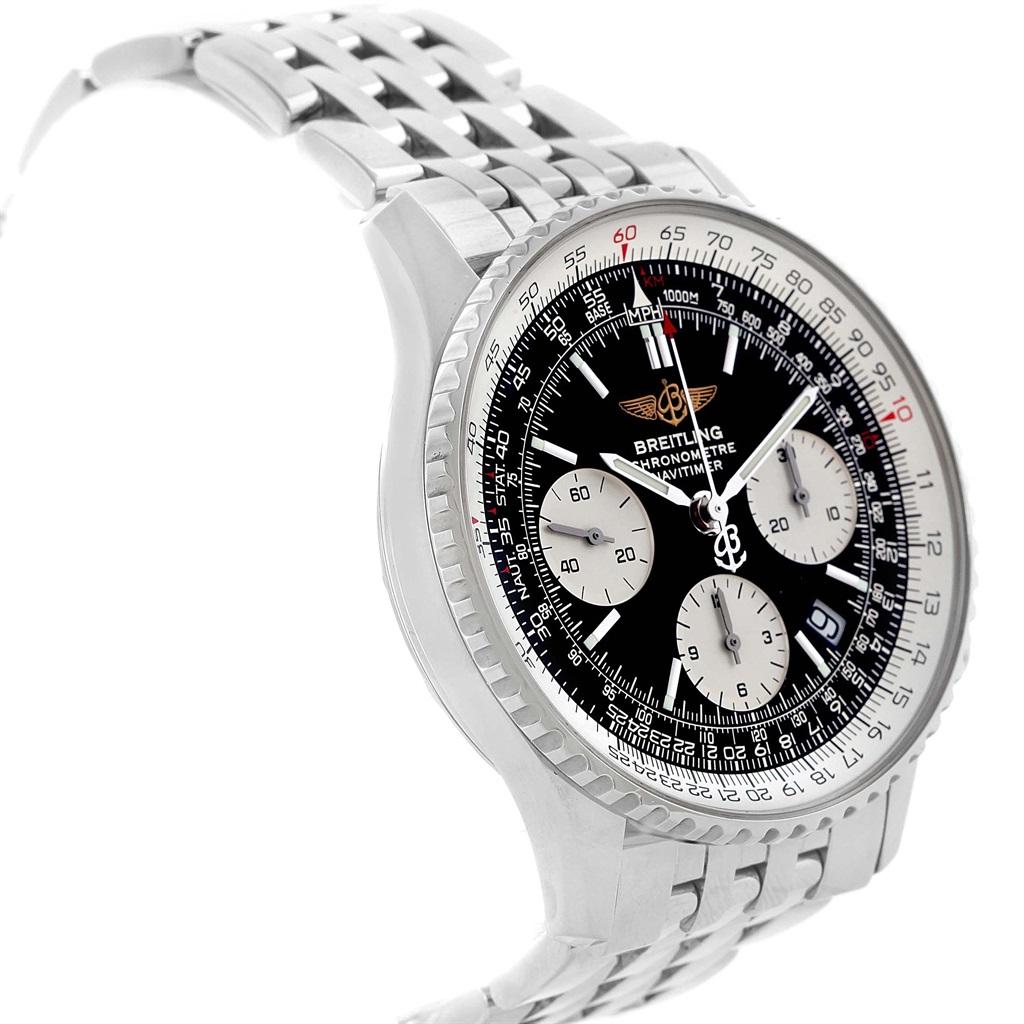 Breitling Navitimer Chronograph Black Dial Steel Watch A23322 Box. Automatic self-winding officially certified chronometer movement. Chronograph function. Rhodium-plated, 25 jewels, straight-line lever escapement, monometallic balance adjusted to 5