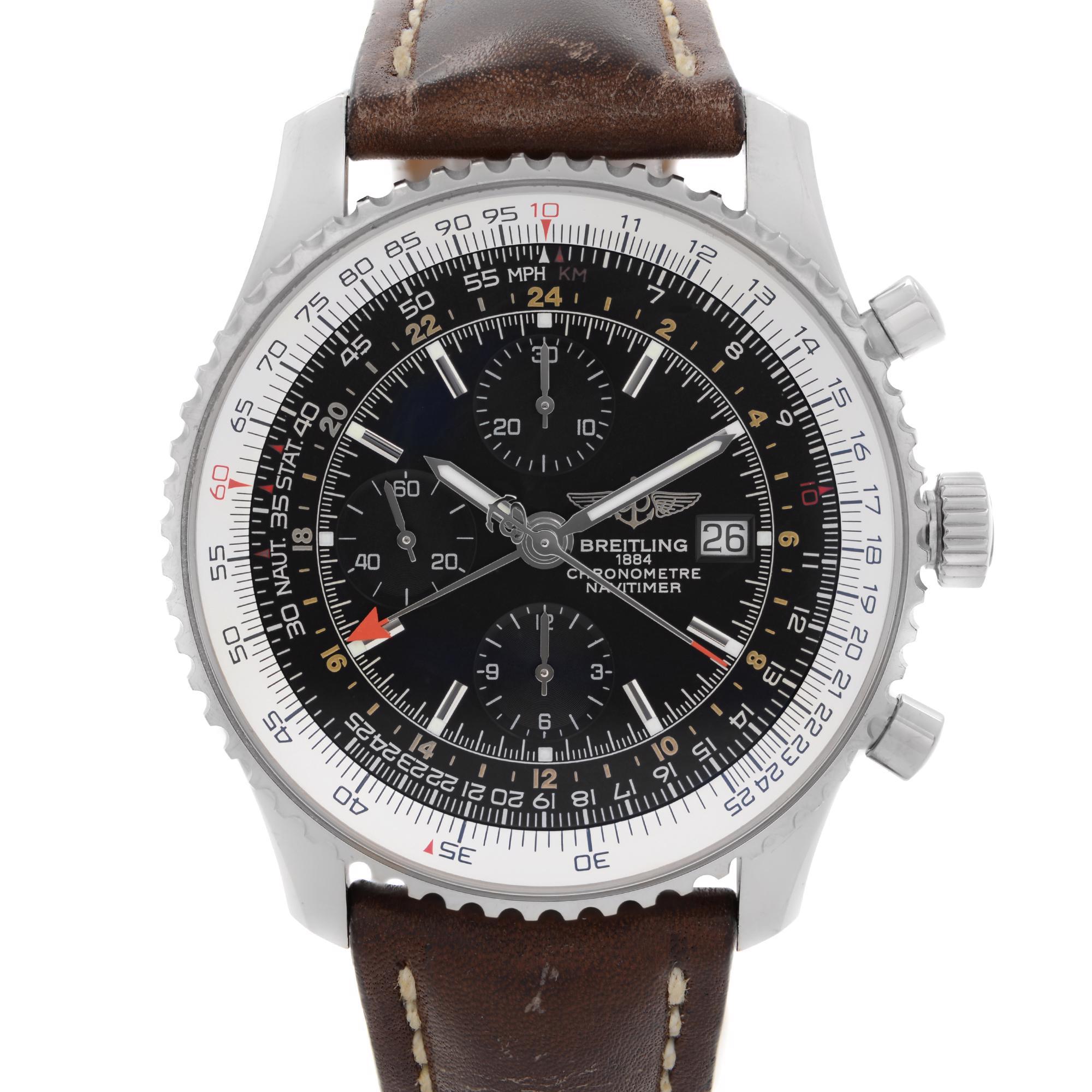 Pre-owned Breitling Navitimer Chronograph GMT Steel Black Dail Automatic Men's Watch A24322. Minor Wrinkles on the Brown Leather Strap. This Beautiful Timepiece is Powered by Mechanical (Automatic) Movement And Features: Round Stainless Steel Case