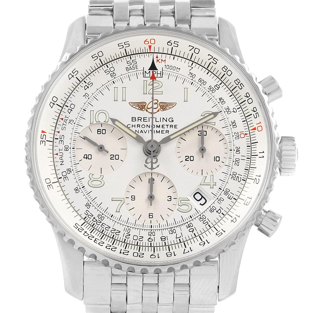 Breitling Navitimer Chronograph Silver Dial Steel Mens Watch A23322. Automatic self-winding officially certified chronometer movement. Chronograph function. Rhodium-plated, 25 jewels, straight-line lever escapement, monometallic balance adjusted to