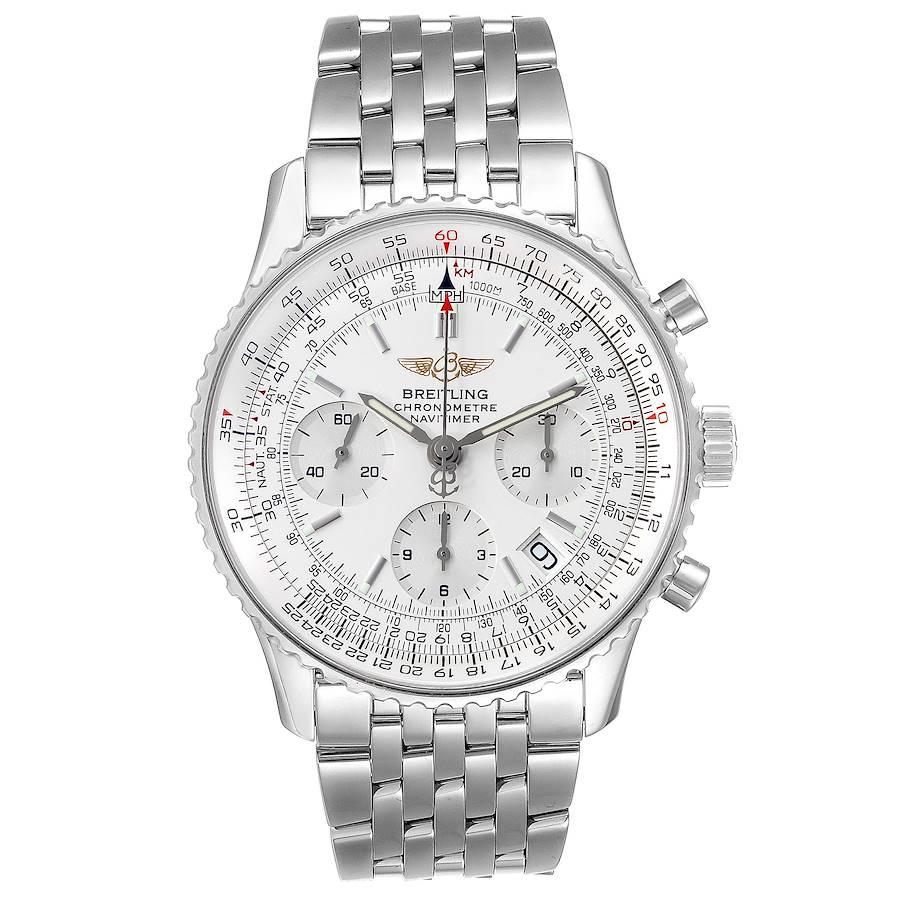 Breitling Navitimer Chronograph Silbernes Zifferblatt Stahl Herrenuhr A23322. Automatisches Chronometerwerk mit automatischem Aufzug, offiziell zertifiziert. Chronographen-Funktion. Rhodiniert, 25 Steine, geradlinige Ankerhemmung, monometallische