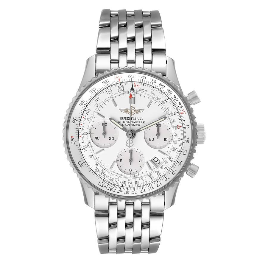Breitling Navitimer Chronograph Silbernes Zifferblatt Stahl Herrenuhr A23322c. Automatisches Chronometerwerk mit automatischem Aufzug, offiziell zertifiziert. Chronographen-Funktion. Rhodiniert, 25 Steine, geradlinige Ankerhemmung, monometallische
