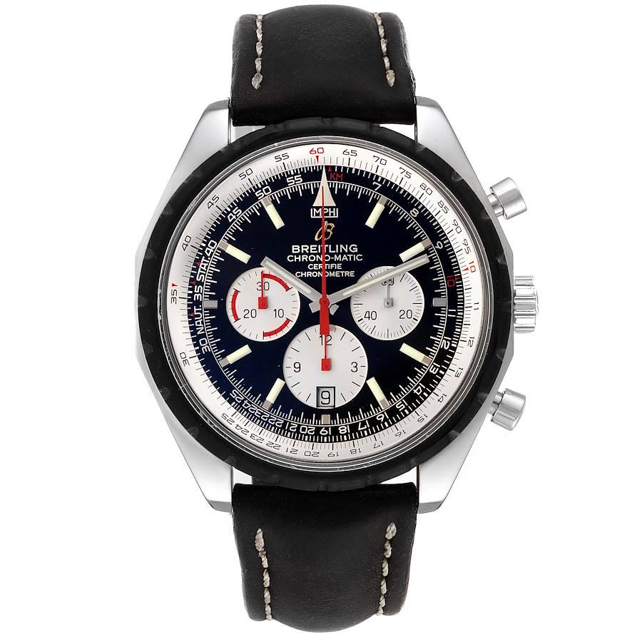 Breitling Navitimer Chronomatic Black Dial Black Stap Mens Watch A14360. Self-winding automatic officially certified chronometer movement. Chronograph function. Stainless steel case 49.0 mm in diameter. Vulcanized rubber rotating bezel. Scratch