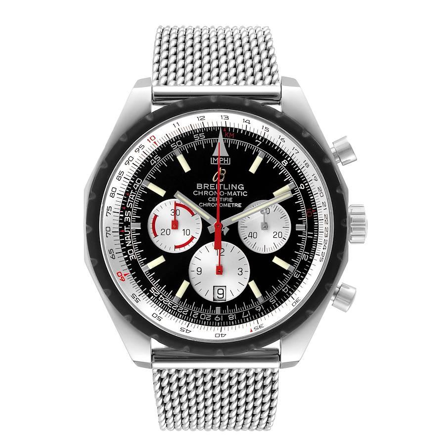 Breitling Navitimer Chronomatic Black Dial Black Stap Mens Watch A14360. Self-winding automatic officially certified chronometer movement. Chronograph function. Stainless steel case 49.0 mm in diameter. Vulcanized rubber rotating bezel. Scratch