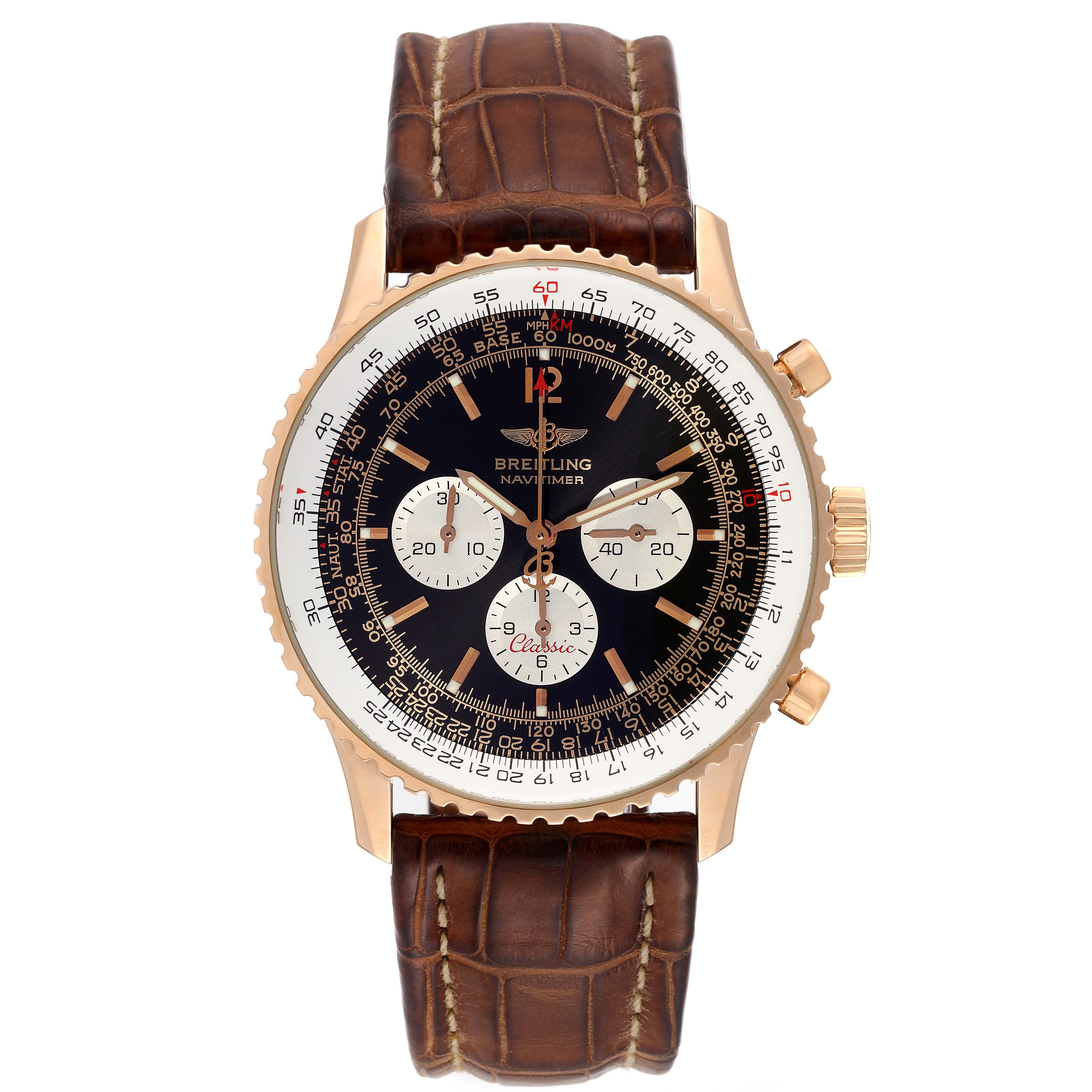 Breitling Navitimer Classic LE Rose Gold Mens Watch H30330 Box Papers. Automatic self-winding officially certified chronometer movement. 18K rose gold case 41.0 mm in diameter. 18K rose gold push-down crown and pushers. 18K rose gold bidirectional