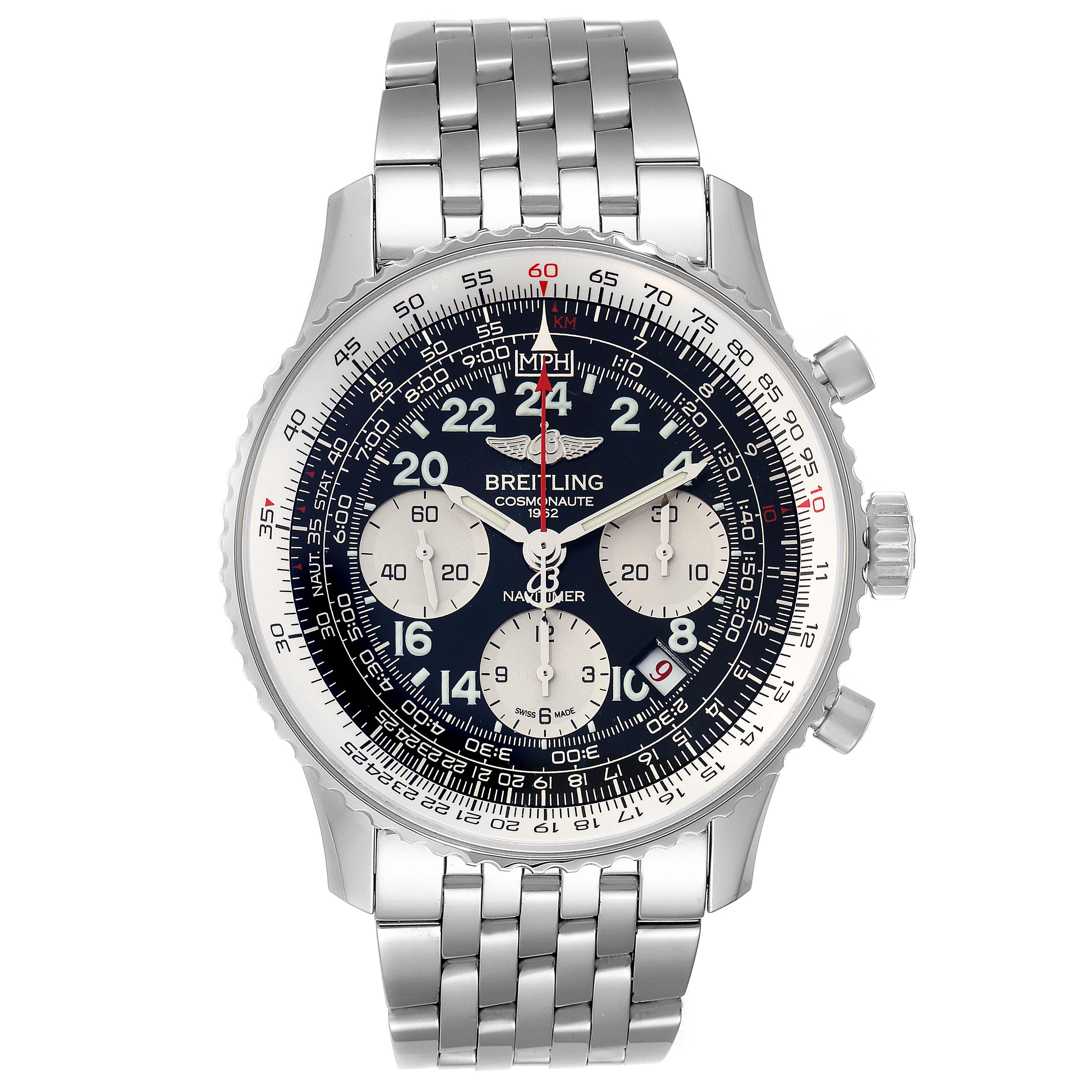 Breitling Navitimer Cosmonaute 02 Limited Edition Watch AB0210 Box Papers. Automatic self-winding officially certified chronometer movement. Chronograph function. Stainless steel case 43.0 mm in diameter. Signed Aurora 7 Caseback. Stainless steel
