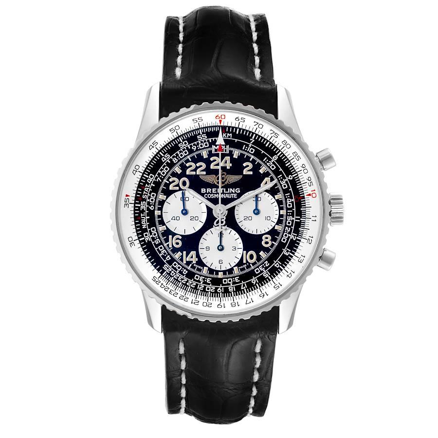 Breitling Navitimer Cosmonaute Black Dial Chronograph Mens Watch A12322. Manual winding movement. Chronograph function. Stainless steel case 41.5 mm in diameter. Case back engraved with the Breitling logo. Stainless steel bidirectional revolving