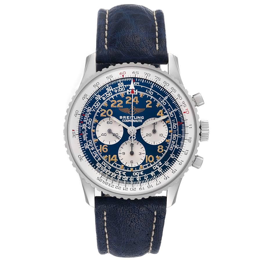 Breitling Navitimer Cosmonaute Blue Dial Chronograph Mens Watch A12322. Manual winding movement. Chronograph function. Stainless steel case 41.5 mm in diameter. Case back engraved with the Breitling logo. Stainless steel bidirectional revolving
