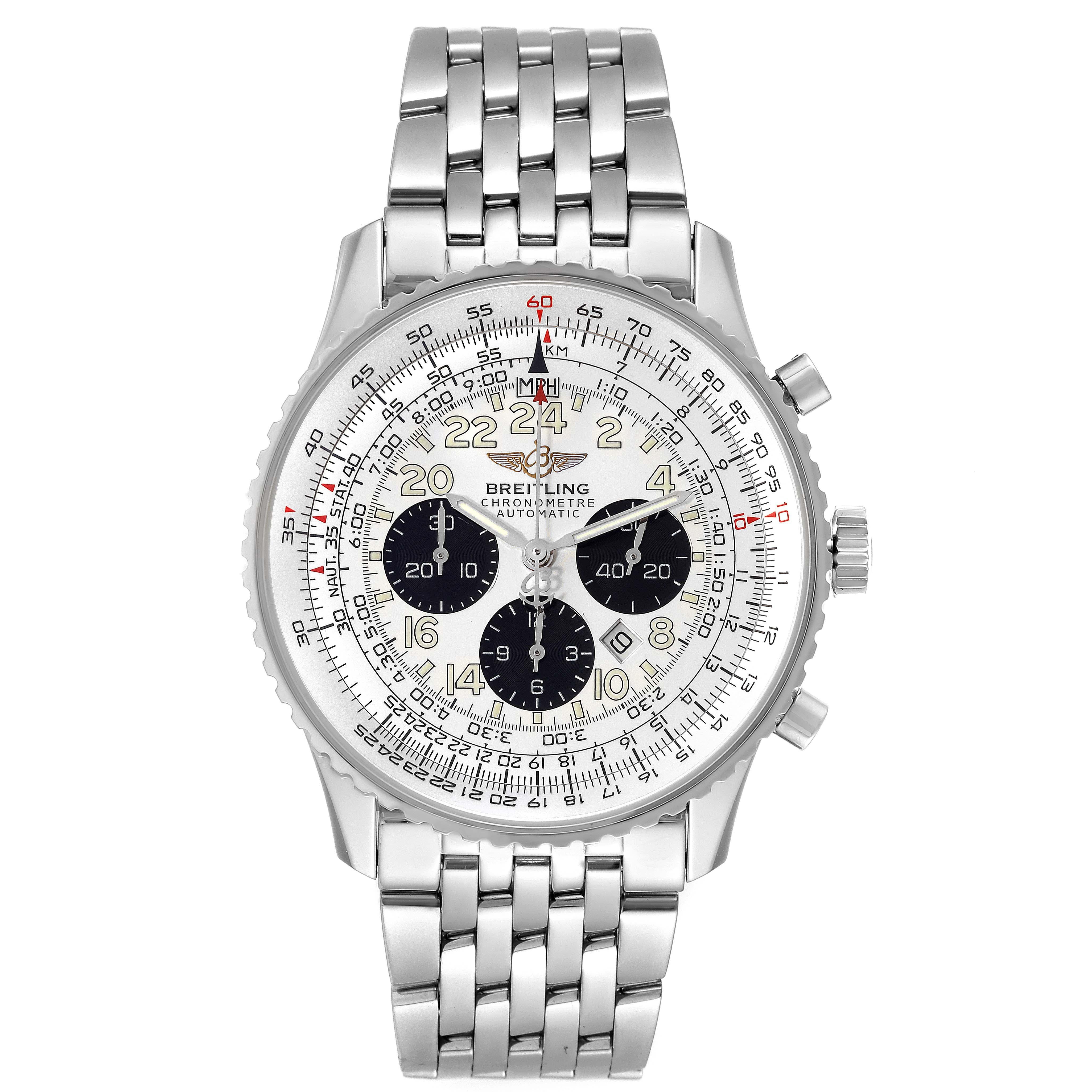 Breitling Navitimer Cosmonaute Silver Panda Dial Steel Mens Watch A22322. Automatic self-winding officially certified chronometer movement. Chronograph function. Stainless steel case 41.5 mm in diameter.  Stainless steel screwed-down crown and