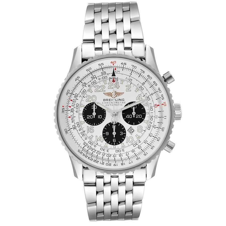 Breitling Navitimer Cosmonaute Steel Panda Dial Mens Watch A22322. Automatic self-winding officially certified chronometer movement. Chronograph function. Stainless steel case 41.5 mm in diameter.  Stainless steel screwed-down crown and pushers.