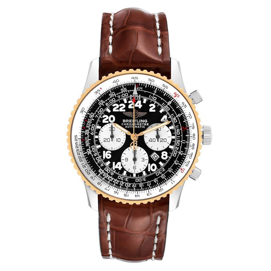 Breitling Navitimer Cosmonaute Steel Yellow Gold Mens Watch D22322 Box Papers. Automatic self winding movement. Chronograph function. Stainless steel case 41.5 mm in diameter. Case back engraved with the Breitling logo. 18k yellow gold bidirectional