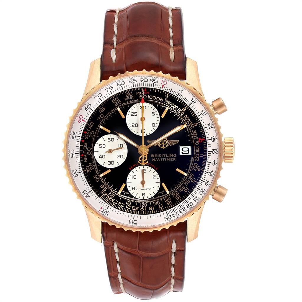 Breitling Navitimer Fighter Yellow Gold LE Mens Watch H13330 Box Papers. Automatic self-winding officially certified chronometer movement. Chronograph function. 18K yellow gold case 41.5 mm in diameter. Stainless steel screwed-down crown and