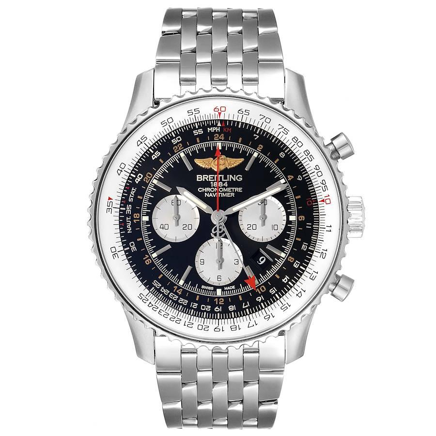 Breitling Navitimer GMT 48 Black Dial Steel Mens Watch AB0441 Box Papers. Self-winding automatic officially certified chronometer movement. Chronograph function. Stainless steel case 48.0 mm in diameter. Case thickness 14.50 mm. Transparrent