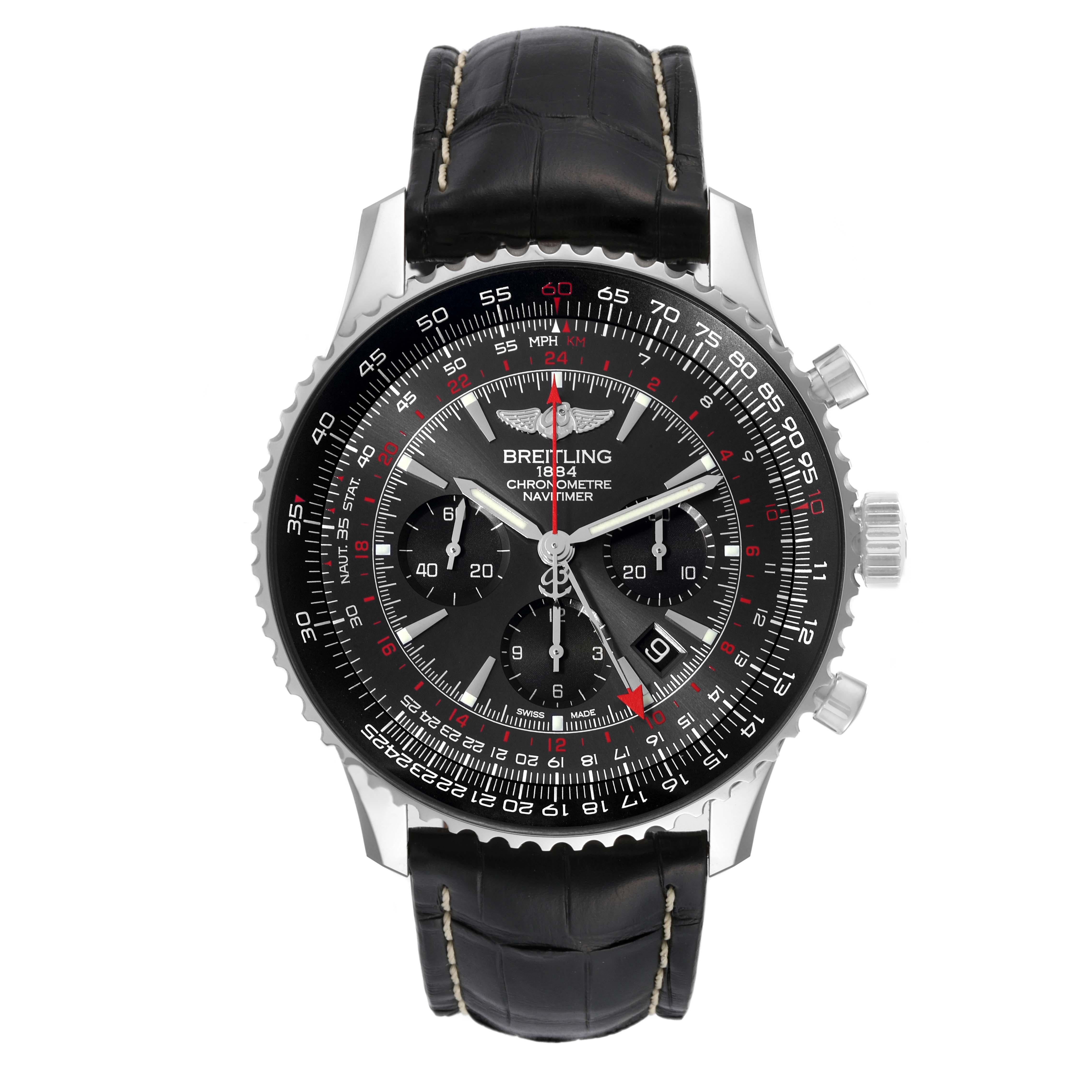 Breitling Navitimer GMT Stratos Grey Limited Edition Herrenuhr AB0441 Box Card. Automatisches, offiziell zertifiziertes Chronometerwerk mit Selbstaufzug. Chronographen-Funktion. Gehäuse aus Edelstahl mit einem Durchmesser von 48.0 mm. Gehäusedicke