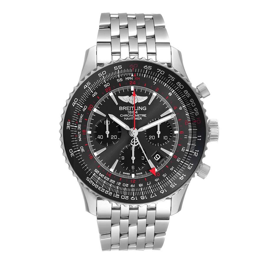 Breitling Navitimer GMT Strato Grey Limited Edition Watch AB0441 Box Card. Mouvement automatique à remontage automatique, officiellement certifié chronomètre. Fonction chronographe. Boîtier en acier inoxydable de 48,0 mm de diamètre. Épaisseur du