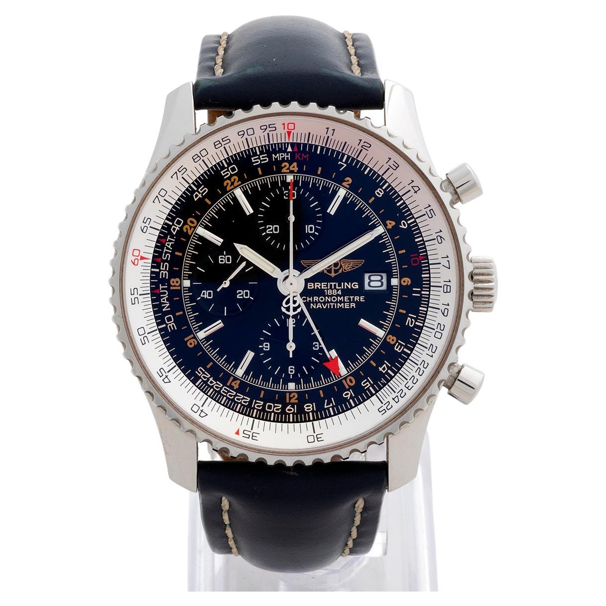 Our Breitling Navitimer GMT / World reference A24422 (A24322B726) is the best combination and features a 46mm stainless steel case with black dial, blue leather strap and folding clasp. Presented in excellent condition with light signs of use, this