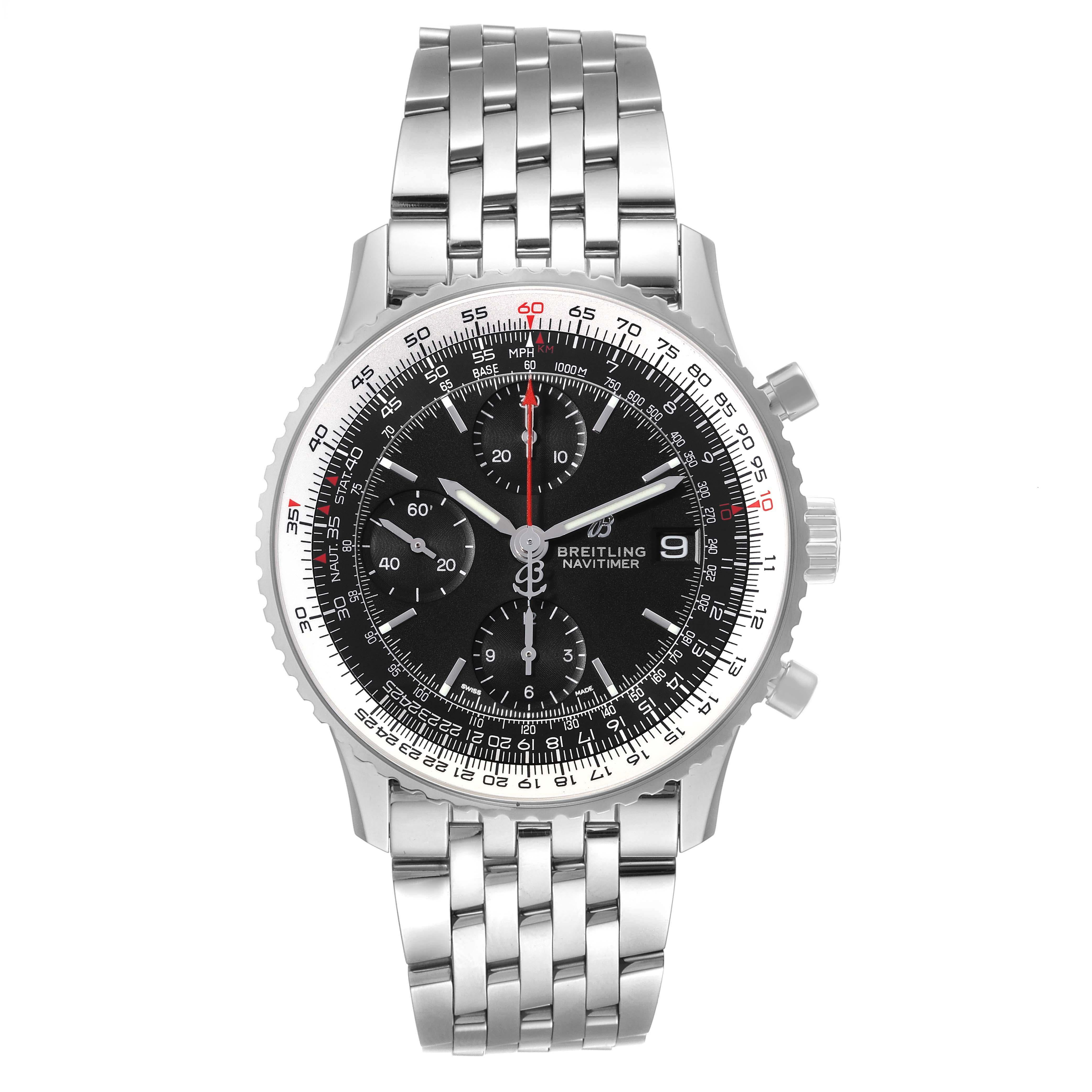 Breitling Navitimer Heritage Black Dial Steel Mens Watch A13324 Box Card. Automatic self-winding officially certified chronometer movement. Chronograph function. Stainless steel case 42.0 mm in diameter. Stainless steel crown and pushers. Stainless