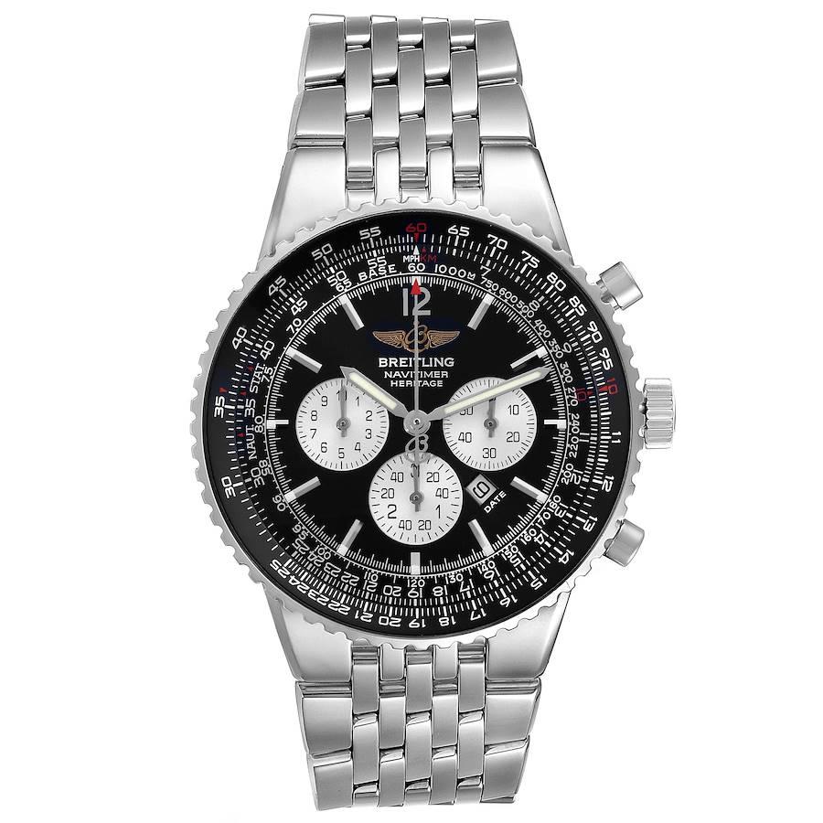 Breitling Navitimer Heritage Black Dial Steel Mens Watch A35350. Self-winding automatic officially certified chronometer movement. Chronograph function. Stainless steel case 43 mm in diameter. Stainless steel screwed-down crown and pushers.
