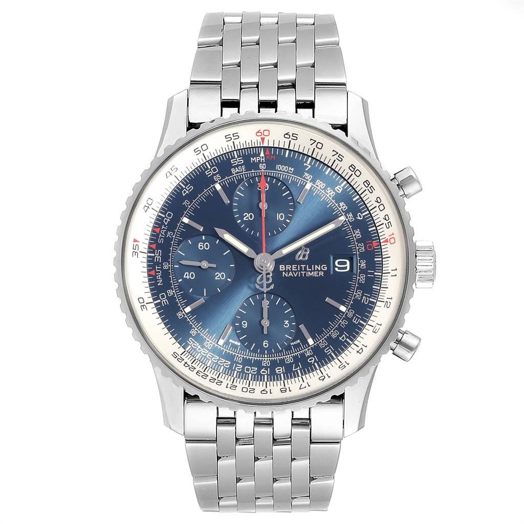 Breitling Navitimer Heritage Blue Dial Mens Watch A13324 Box Papers. Automatic self-winding officially certified chronometer movement. Chronograph function. Stainless steel case 42.0 mm in diameter. Stainless steel screwed-down crown and pushers.