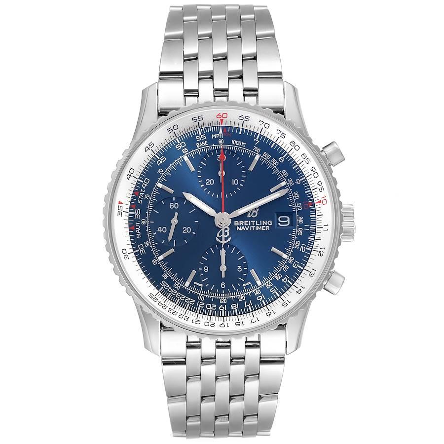 Breitling Navitimer Heritage Blue Dial Steel Herrenuhr A13324 Box Card. Automatisches Chronometerwerk mit automatischem Aufzug, offiziell zertifiziert. Chronographen-Funktion. Gehäuse aus Edelstahl mit einem Durchmesser von 42.0 mm. Verschraubte