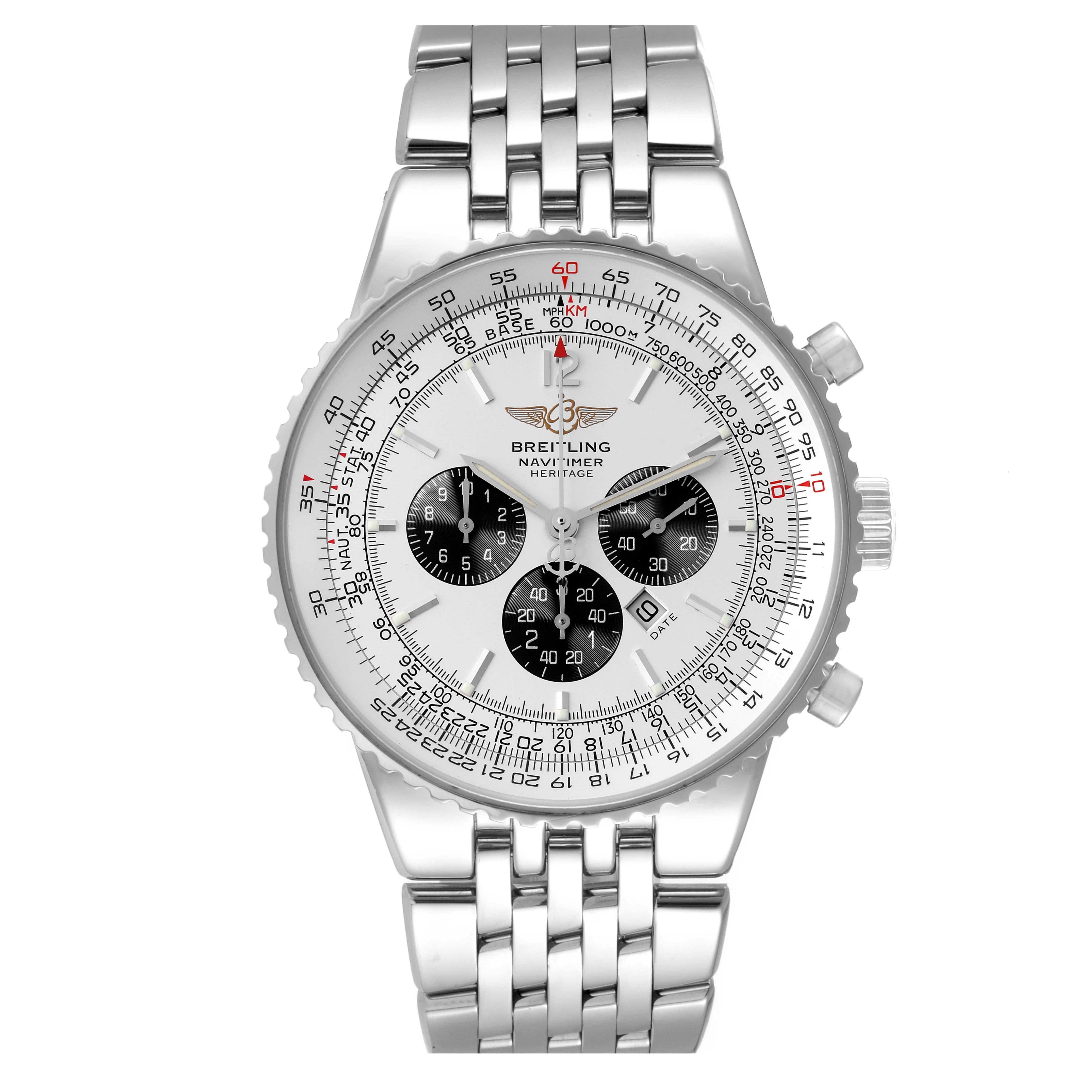 Breitling Navitimer Heritage Silver Dial Steel Mens Watch A35340 Box Papers. Automatic self-winding officially certified chronometer movement. Chronograph function. Stainless steel case 43 mm in diameter. Stainless steel screwed-down crown and