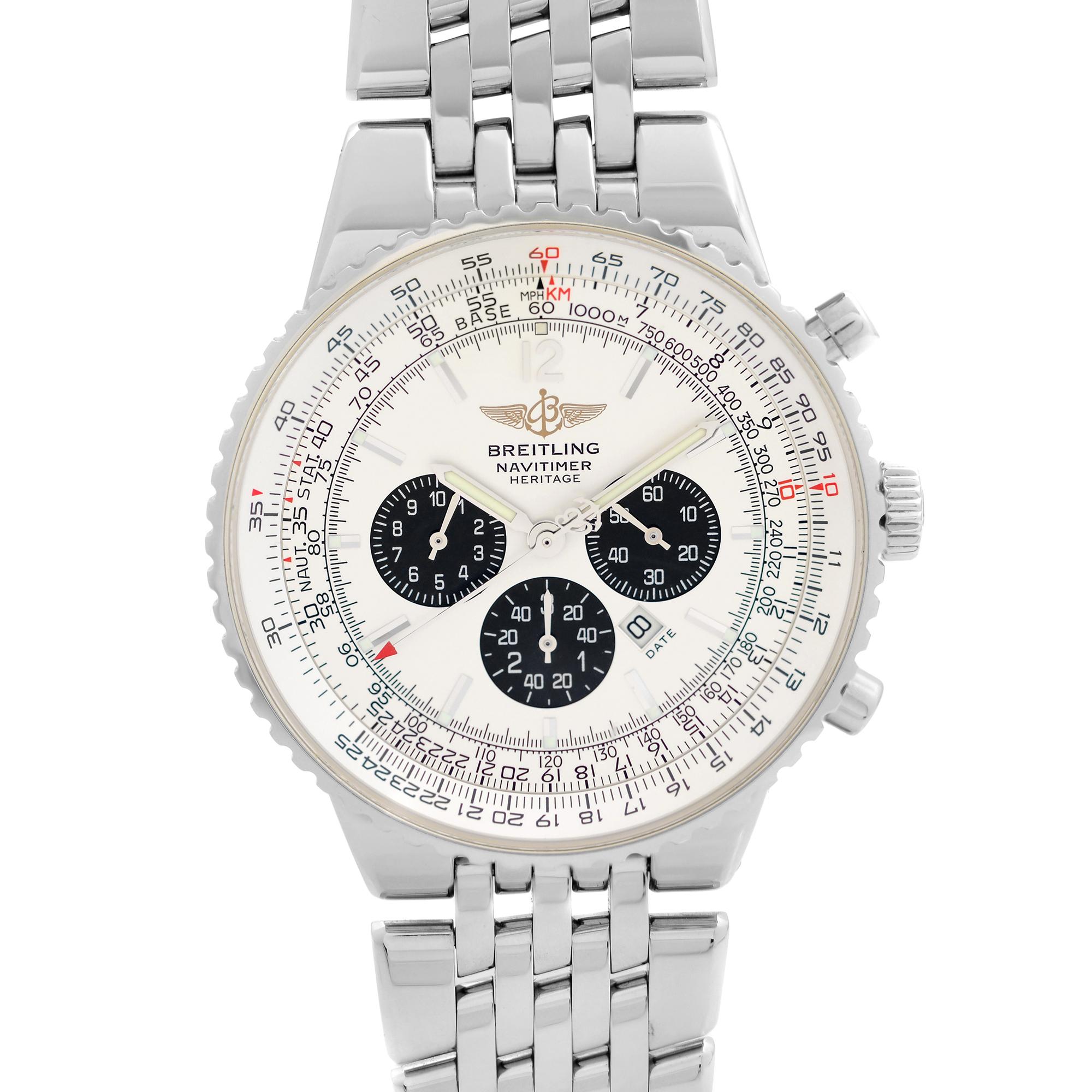 Pre-Owned Breitling Navitimer Heritage Stainless Steel White Panda Dial Men's Watch A35350. This Beautiful Timepiece is Powered by Mechanical (Automatic) Movement And Features: Round Stainless Steel Case & Bracelet, Bidirectional Rotating White