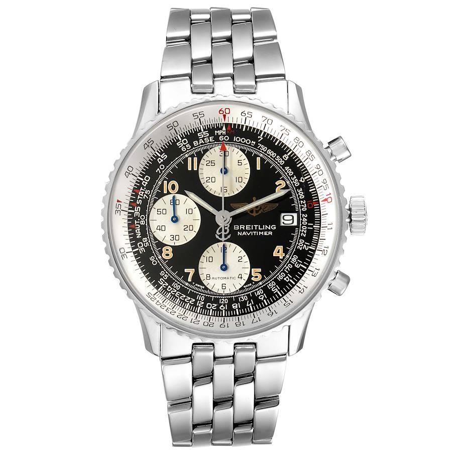 Breitling Navitimer II Black Dial Arabic Numeral Steel Mens Watch A13022. Self-winding automatic officially certified chronometer movement. Chronograph function. Straight-line lever escapement, monometallic balance, shock absorber, self-compensating