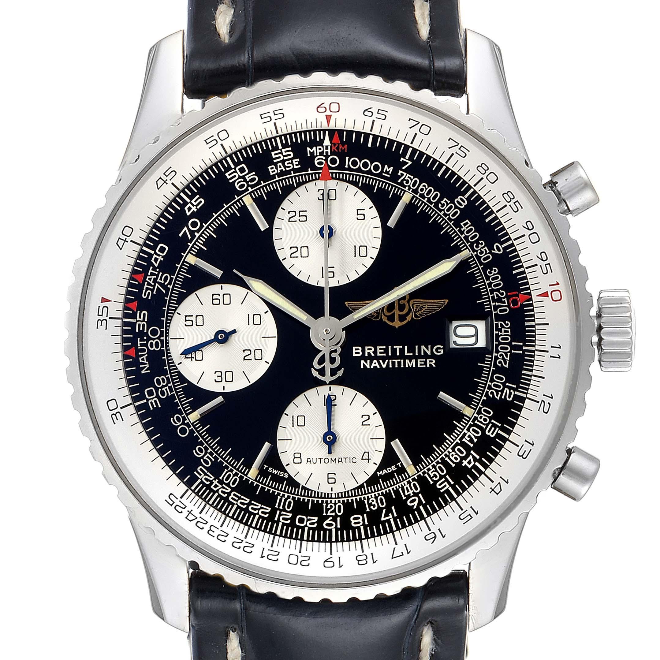 Breitling Navitimer II Black Dial Steel Mens Watch A13022. Self-winding automatic officially certified chronometer movement. Chronograph function. Straight-line lever escapement, monometallic balance, shock absorber, self-compensating flat balance