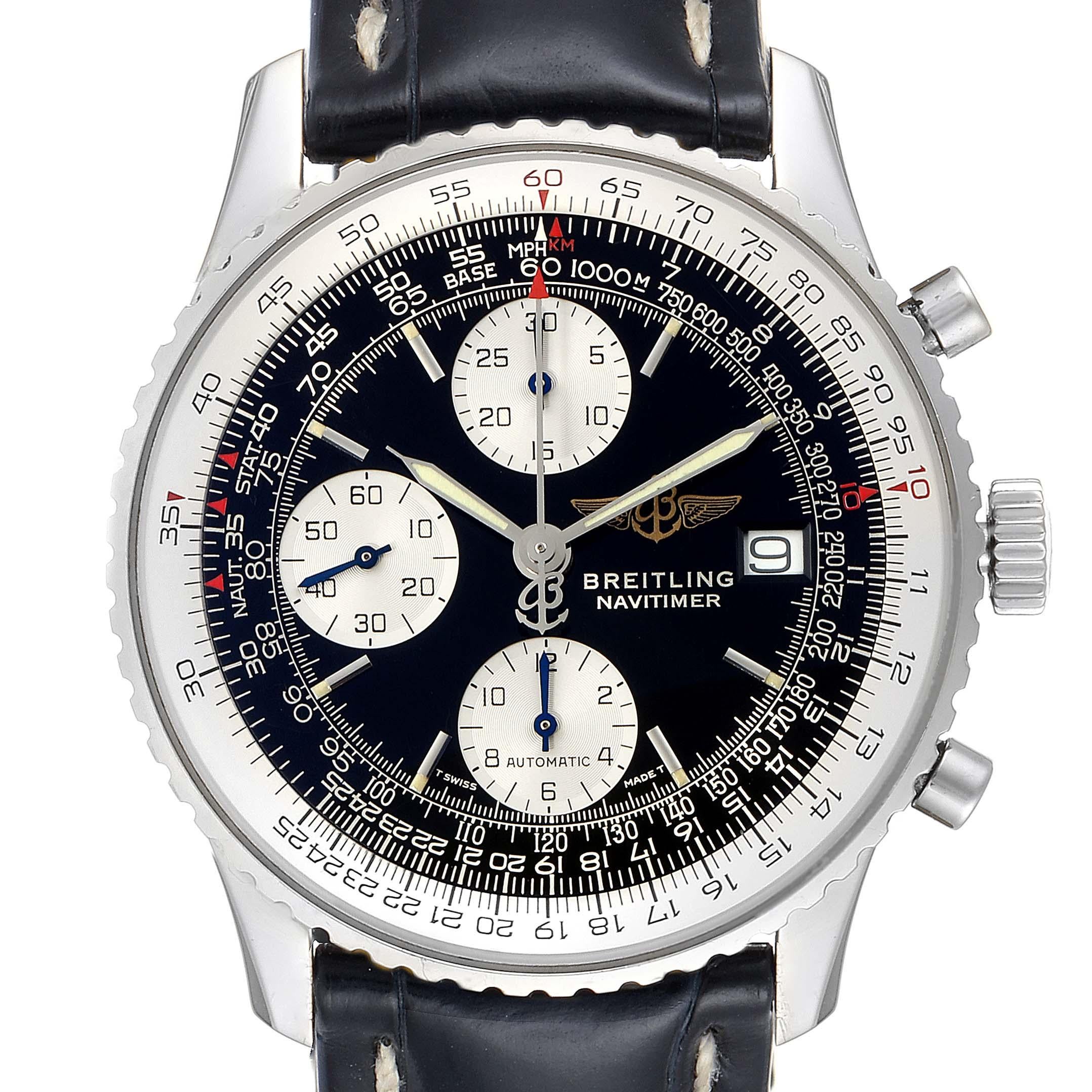 Breitling Navitimer II Schwarzes Zifferblatt Stahl Herrenuhr A13022. Automatisches, offiziell zertifiziertes Chronometerwerk mit Selbstaufzug. Chronographen-Funktion. Geradlinige Ankerhemmung, monometallische Unruh, Stoßdämpfer, selbstkompensierende