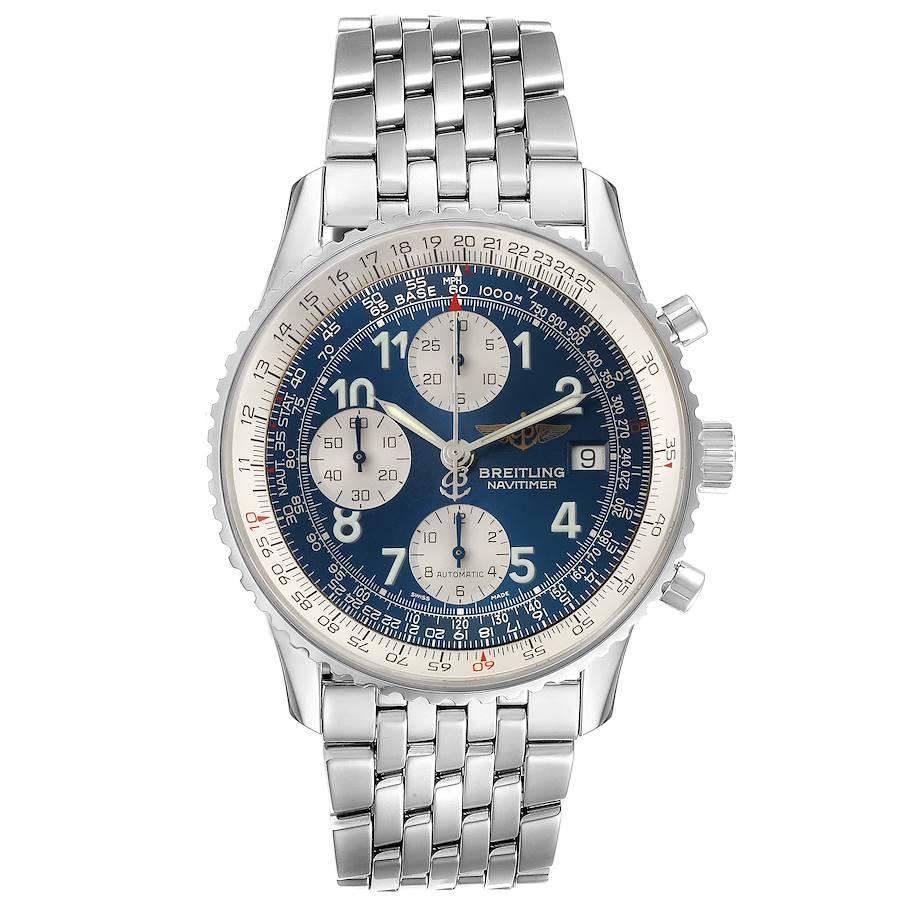 Breitling Navitimer II Blau Arabische Ziffern Zifferblatt Stahl Herrenuhr A13022. Automatisches, offiziell zertifiziertes Chronometerwerk mit Selbstaufzug. Chronographen-Funktion. Geradlinige Ankerhemmung, monometallische Unruh, Stoßdämpfer,