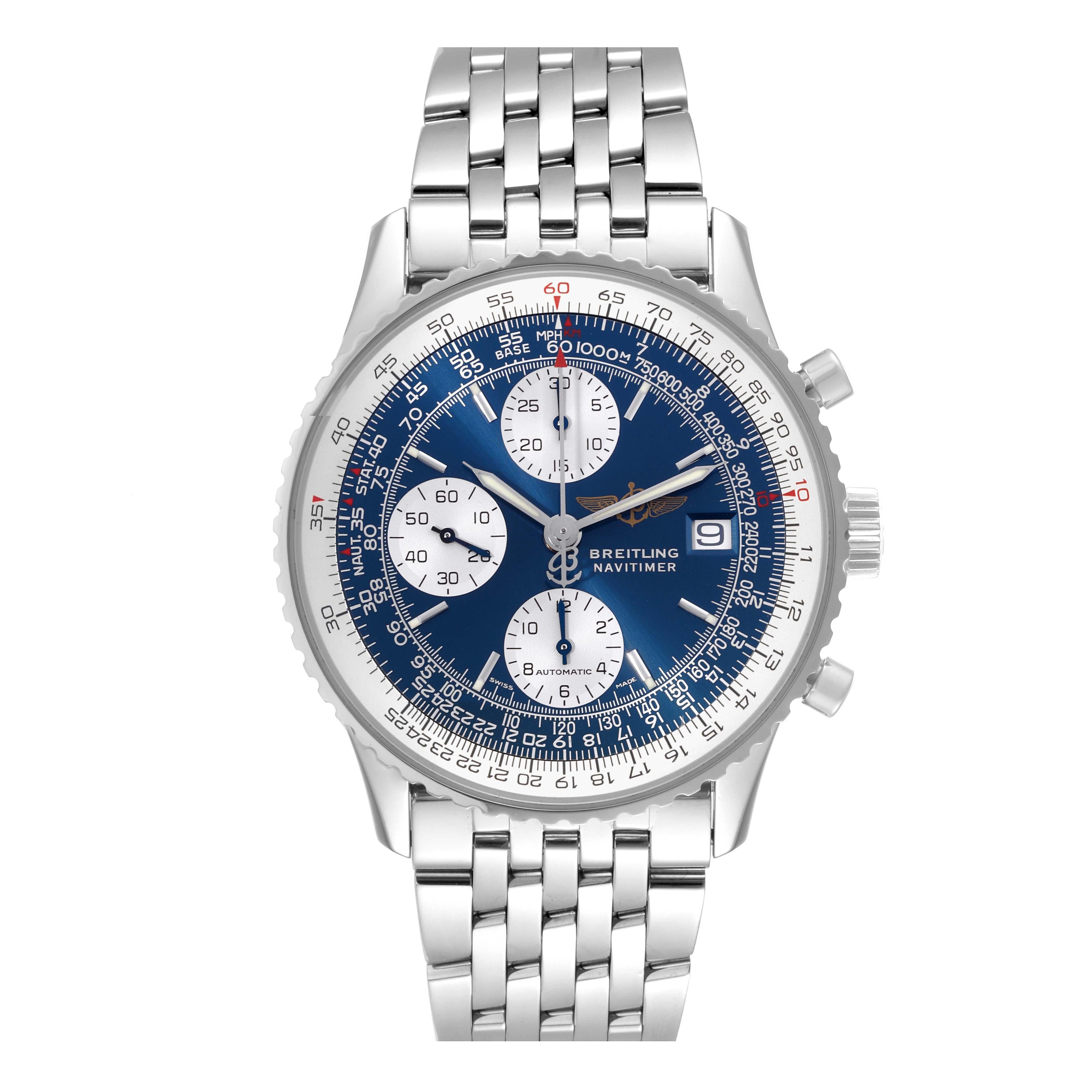 Breitling Navitimer II Blue Dial Chronograph Steel Mens Watch A13322 Box Papers. Officially certified chronometer self-winding automatic movement. Chronograph function. Stainless steel case 42 mm in diameter. Stainless steel screwed-down crown and