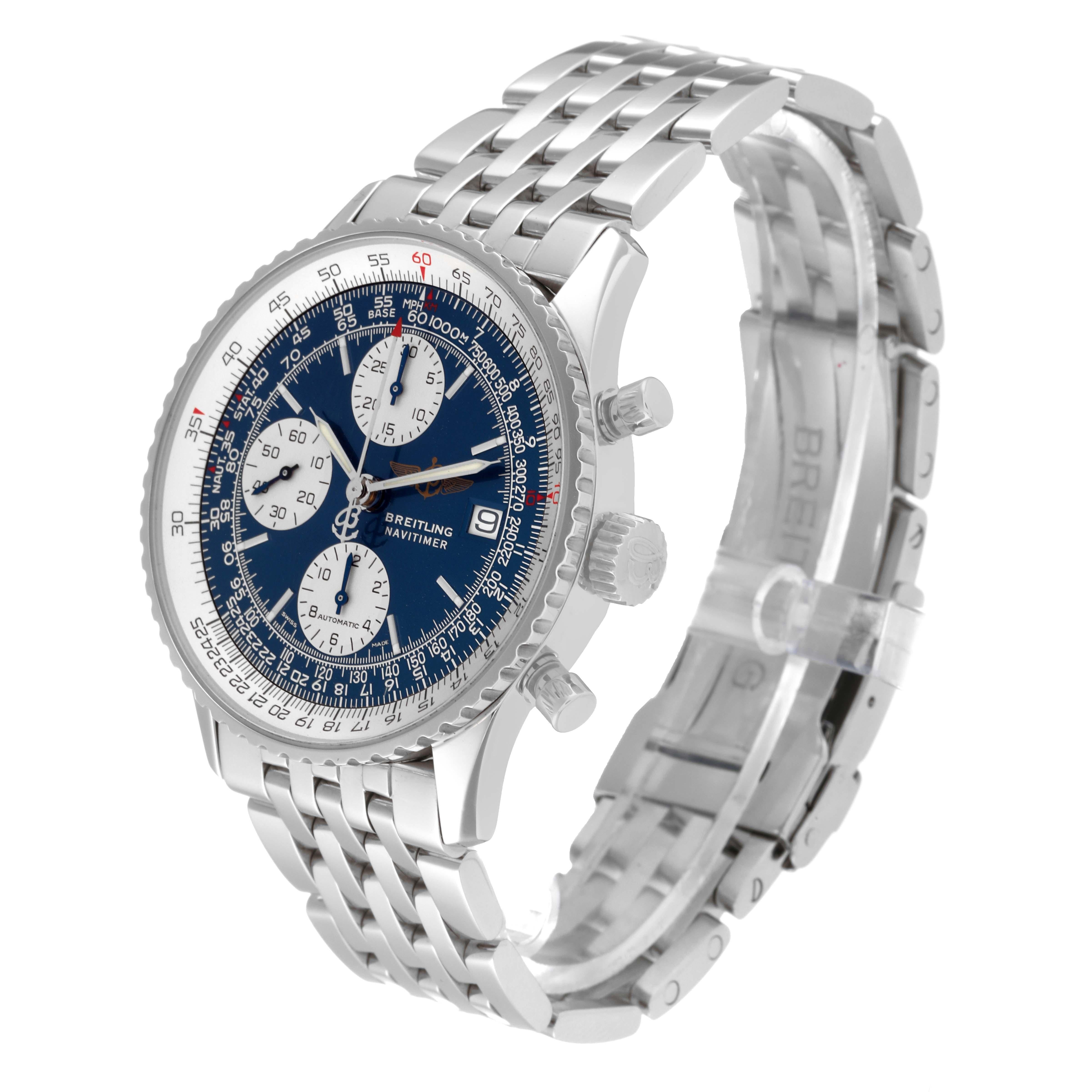 Breitling Navitimer II Blue Dial Chronograph Steel Mens Watch A13322 Box Papers In Excellent Condition In Atlanta, GA