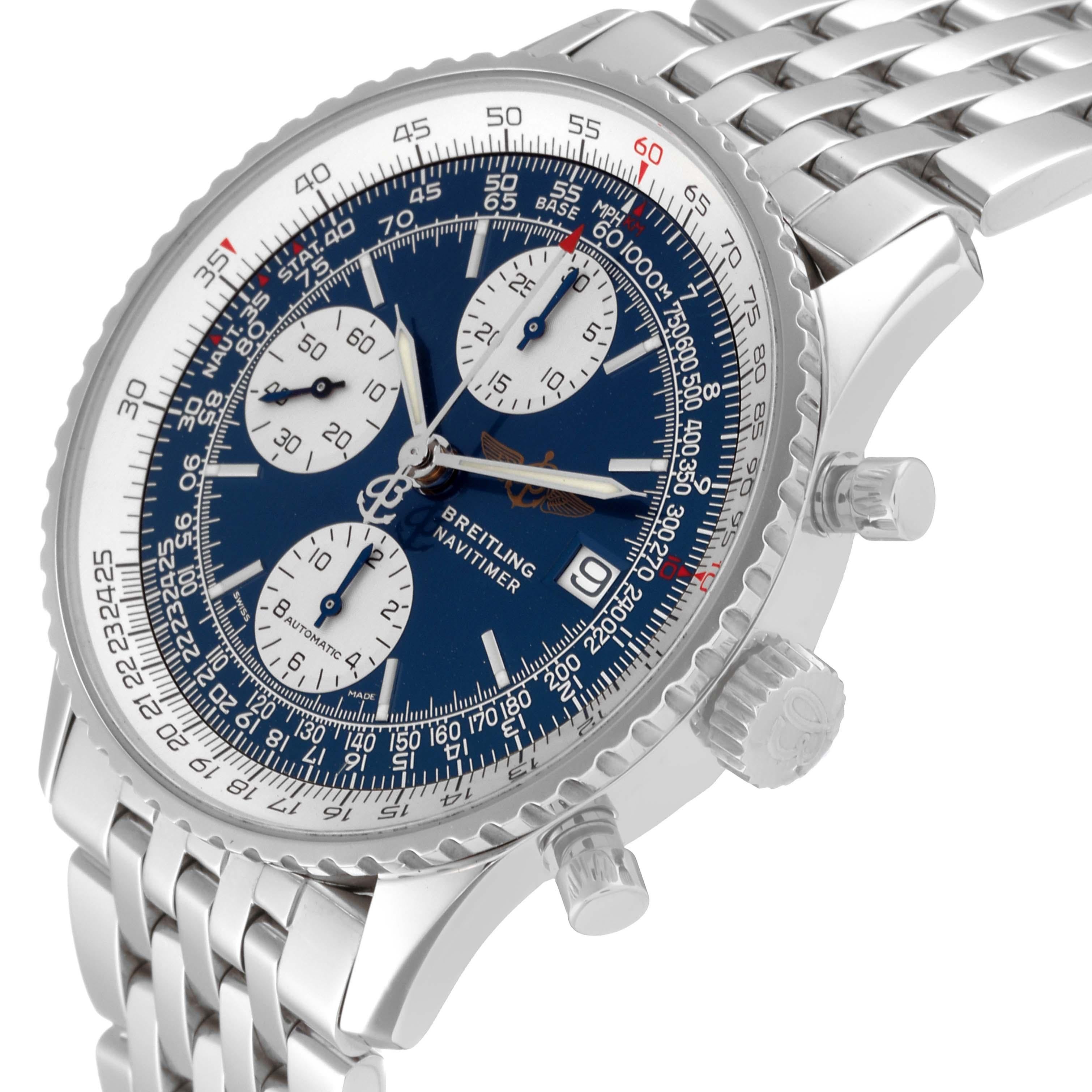 Men's Breitling Navitimer II Blue Dial Chronograph Steel Mens Watch A13322 Box Papers