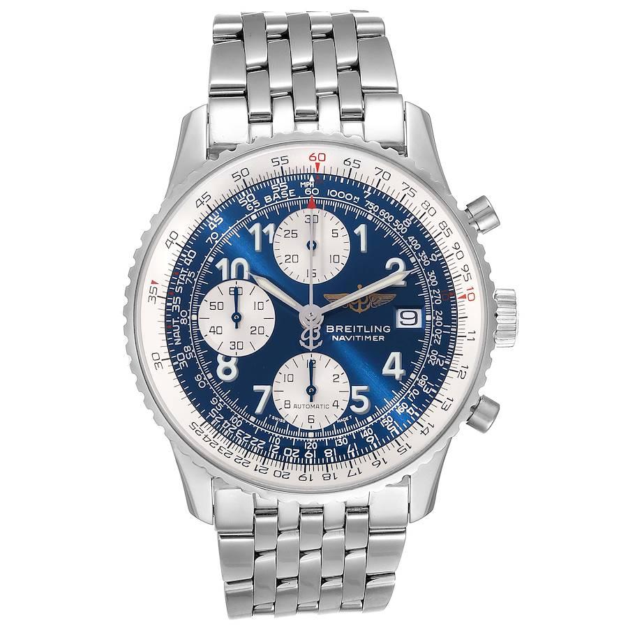 Breitling Navitimer II Blue Dial Chronograph Steel Mens Watch A13322. Officially certified chronometer self-winding automatic movement. Chronograph function. Stainless steel case 42 mm in diameter. Stainless steel screwed-down crown and pushers.